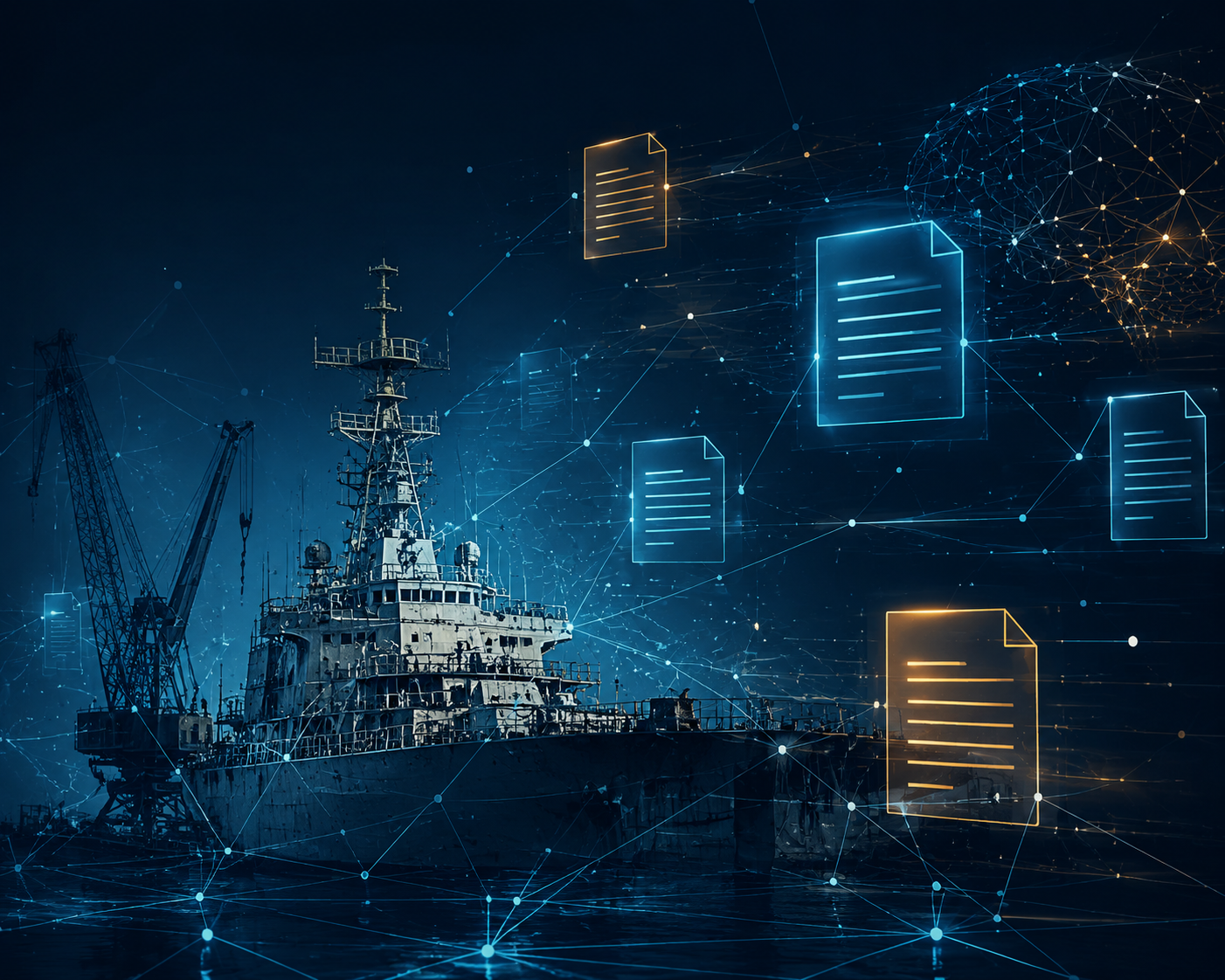 Decommissioned naval vessel with digital network lines and contract document overlays
