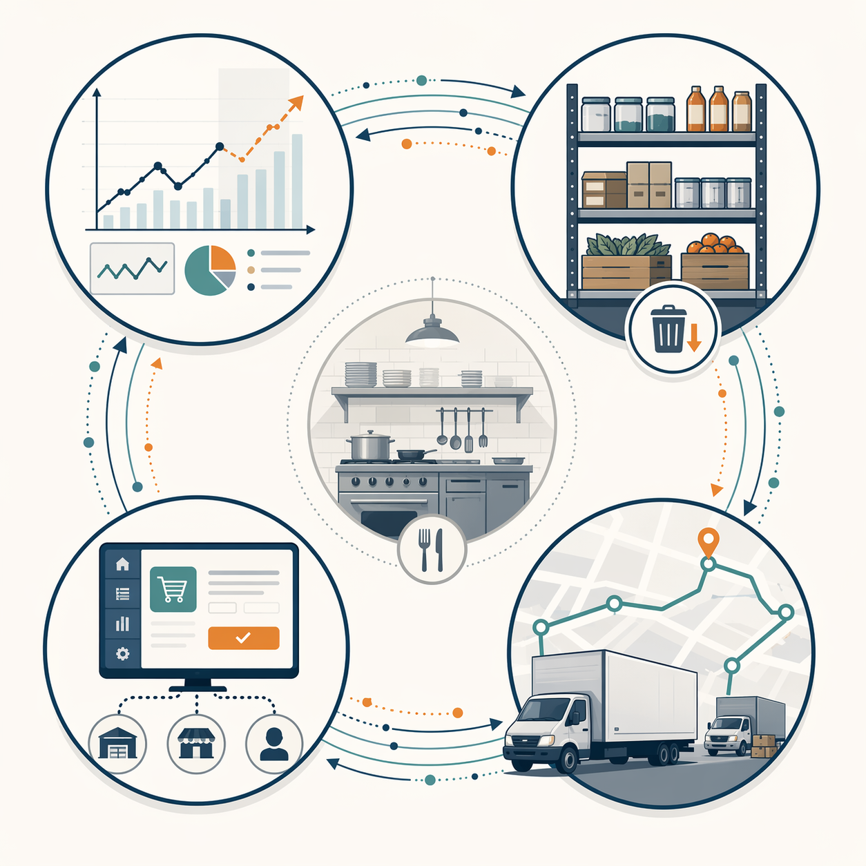 Circular framework connecting demand forecasting, inventory optimization, procurement automation, and logistics around a restaurant kitchen