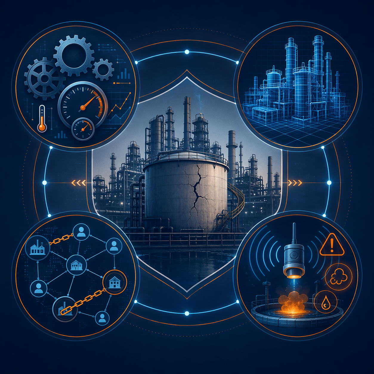 Diagram of four AI protection layers surrounding an industrial aerospace facility with a cracked chemical tank at the center