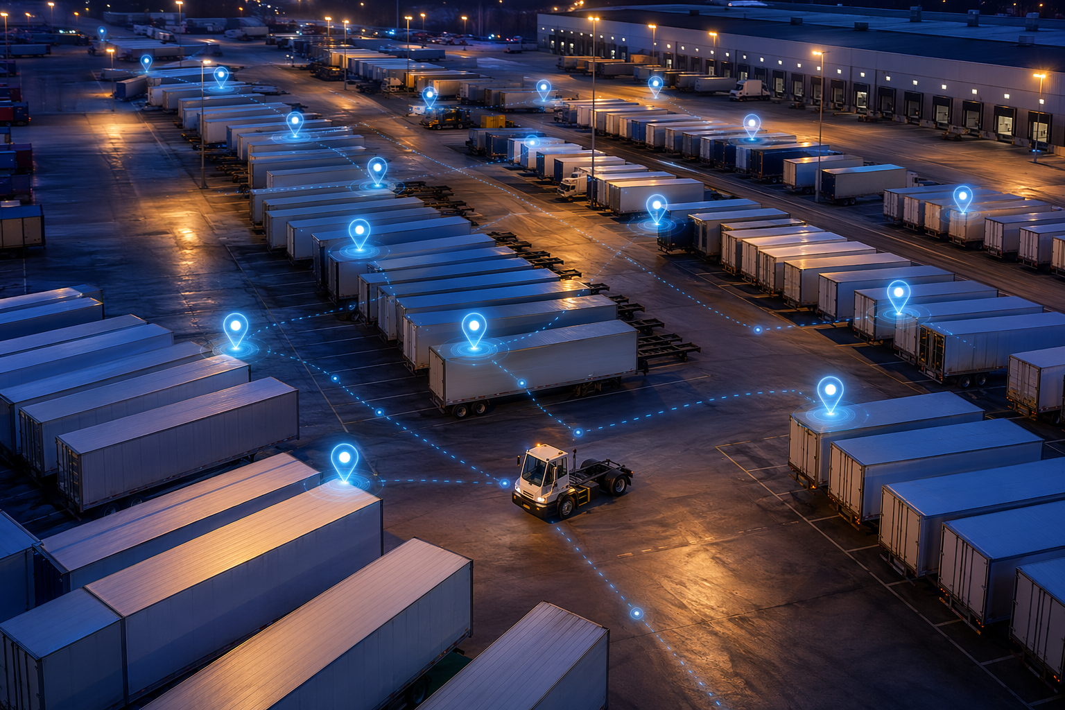 Aerial view of a logistics yard with AI tracking markers over parked trailers and a yard jockey vehicle moving between rows