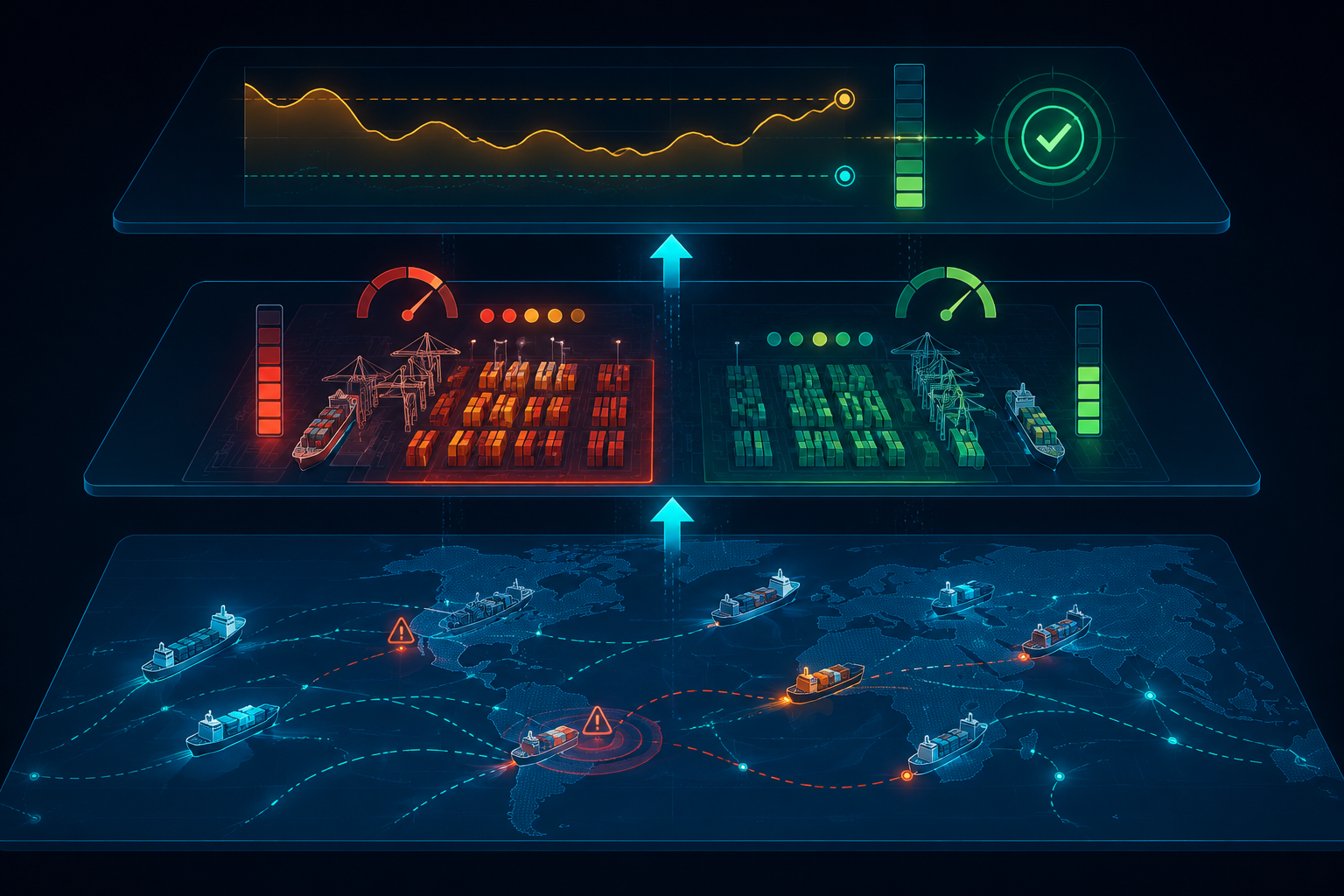 Three-layer infographic showing AIS vessel tracking, terminal-level port congestion models, and rate intelligence triggers