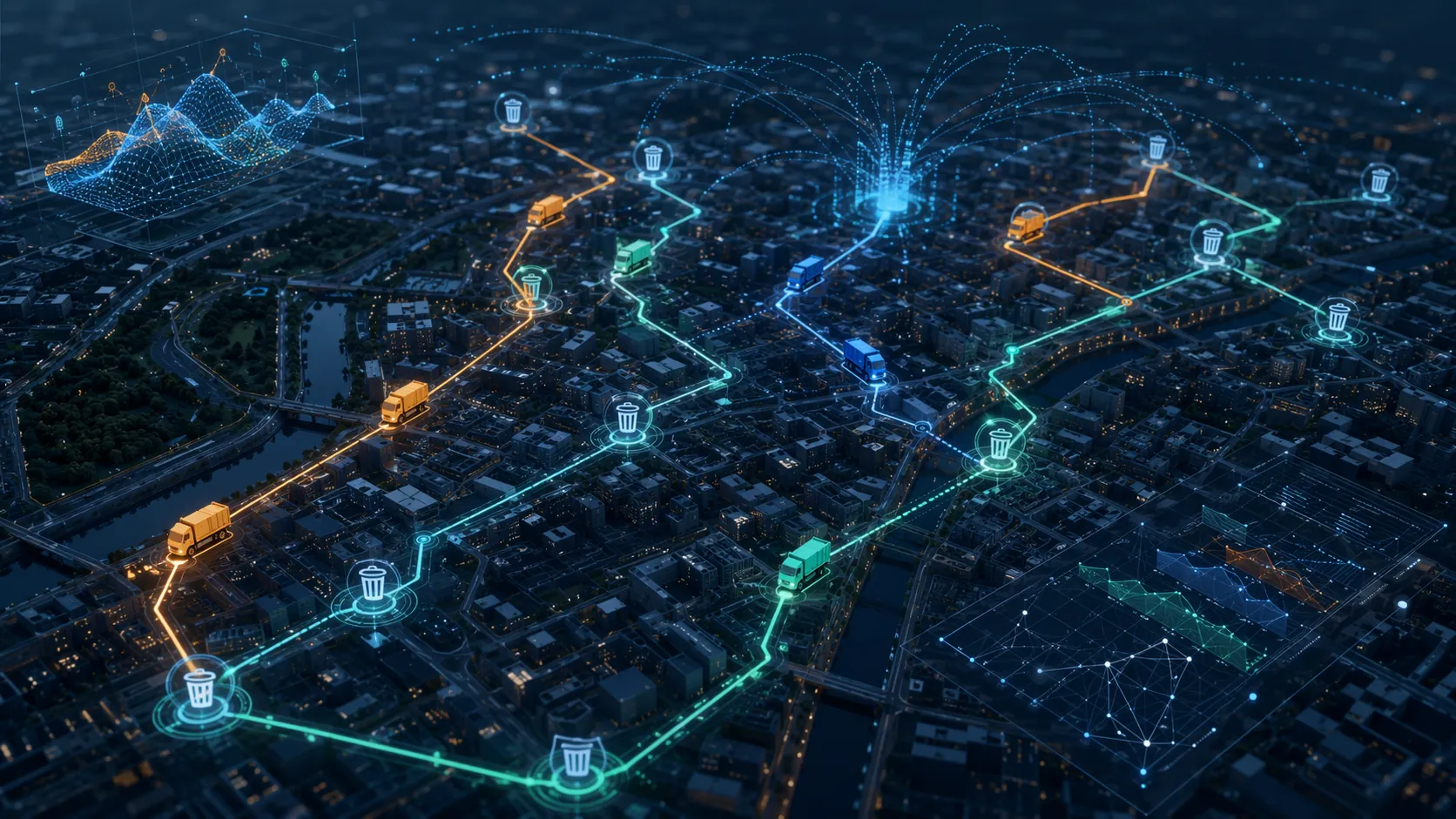 Overhead digital city map showing AI-optimized waste collection routes and connected collection points
