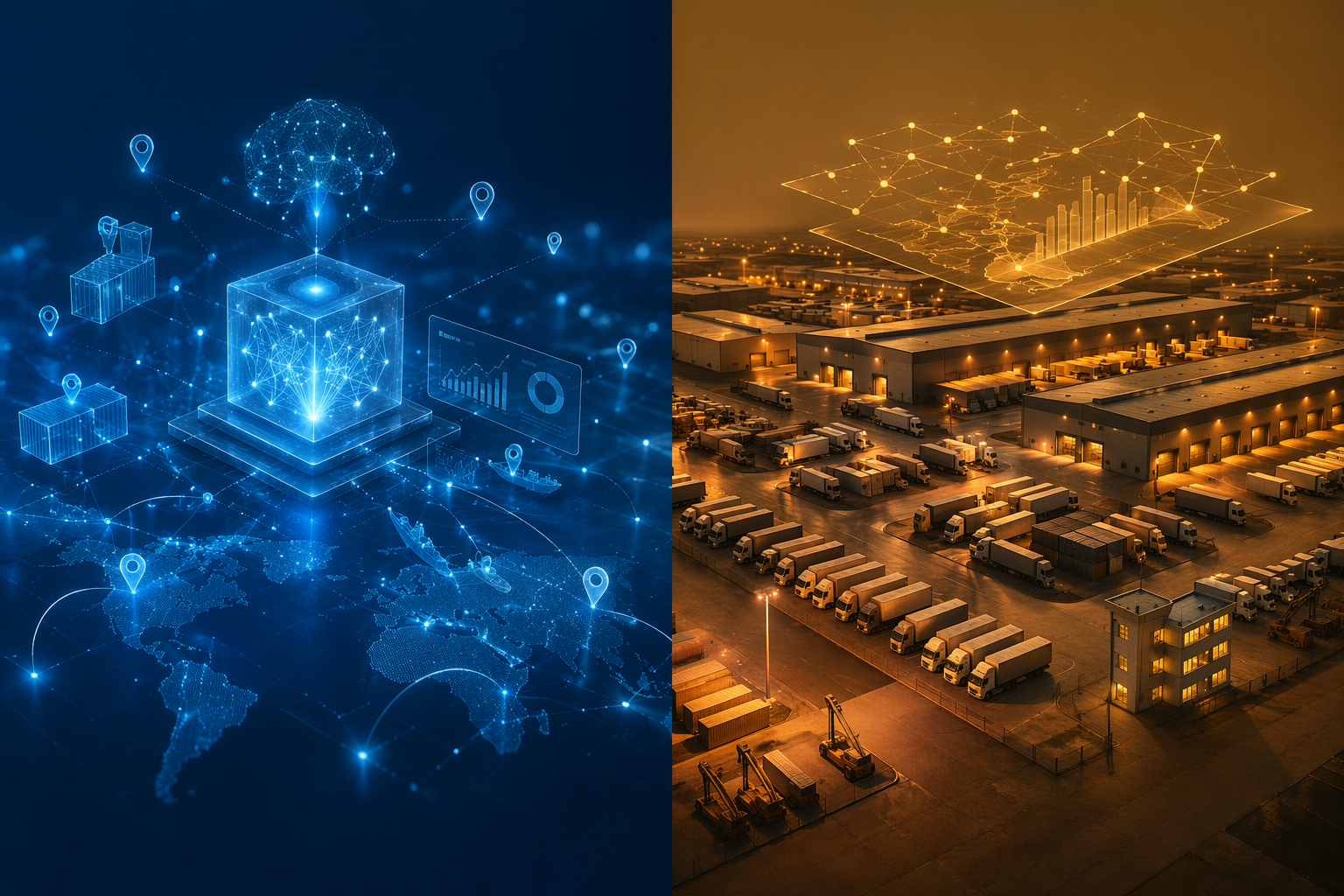 Side-by-side comparison of AI-native variable-cost logistics and traditional asset-heavy logistics with optimization layer