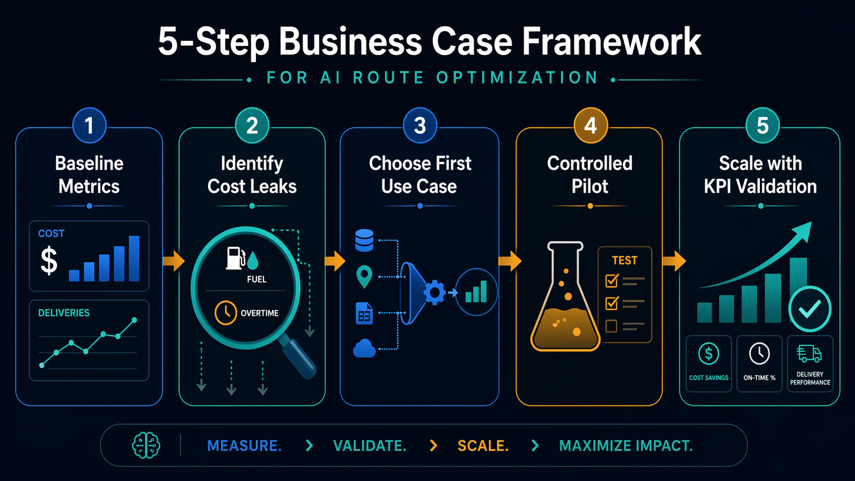Five-step business case framework from baseline metrics through KPI-validated scaling