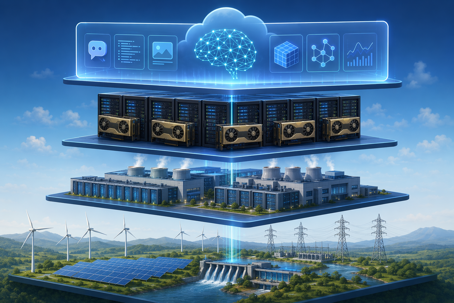 Layered illustration of renewable power, data centers, GPU racks, and AI cloud services