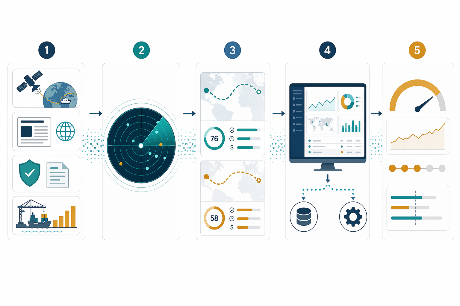 Workflow showing AIS satellite tracking, news, insurance, and port congestion data feeding AI route risk scoring and TMS ERP actions
