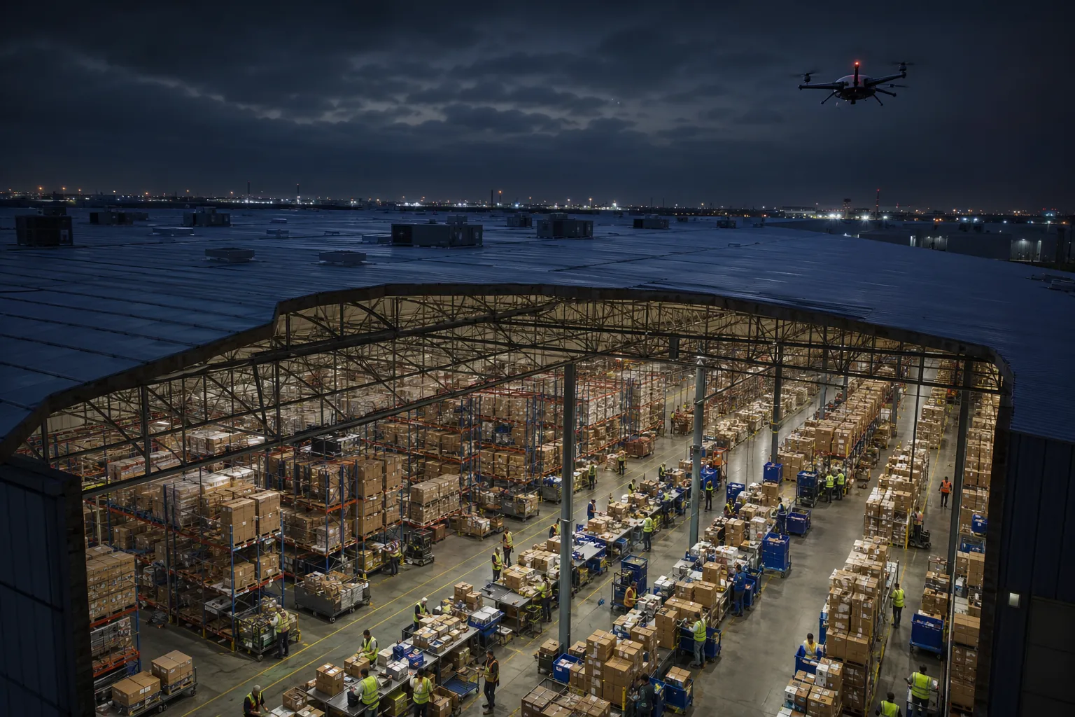 Cross-section illustration of warehouse workers beneath a wide exposed roof with a drone silhouette above
