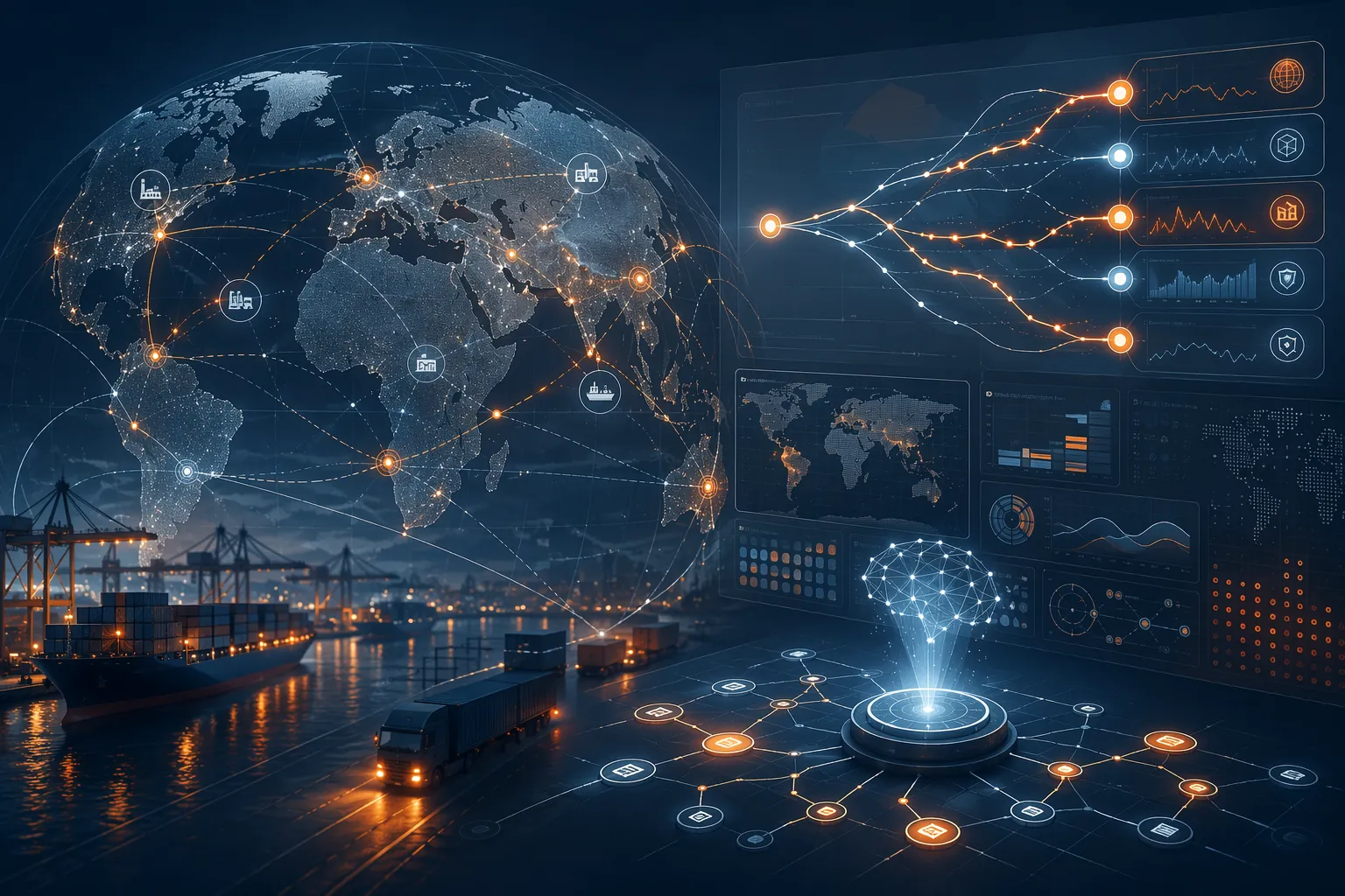 Global supply chain network with AI planning scenario paths and dashboard elements