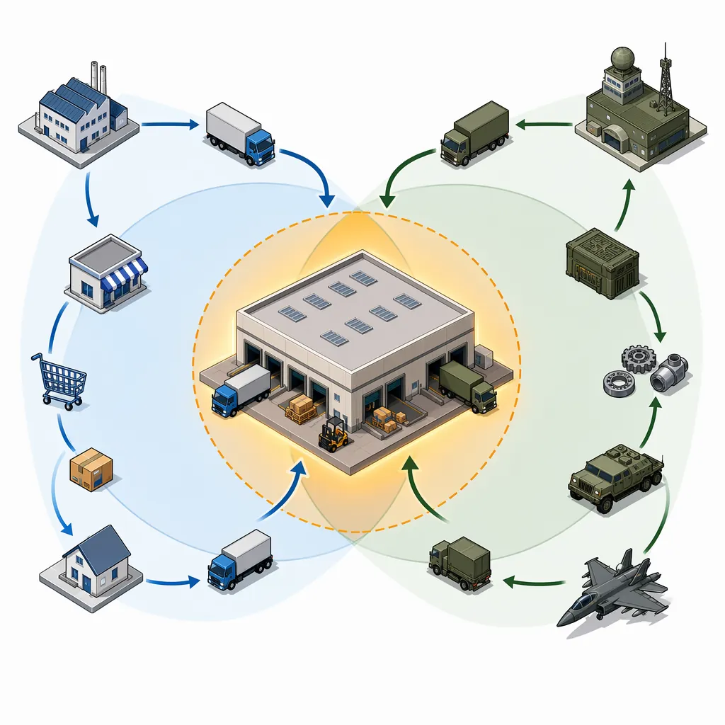 Dual-use logistics diagram showing a warehouse at the overlap of commercial retail and military component flows