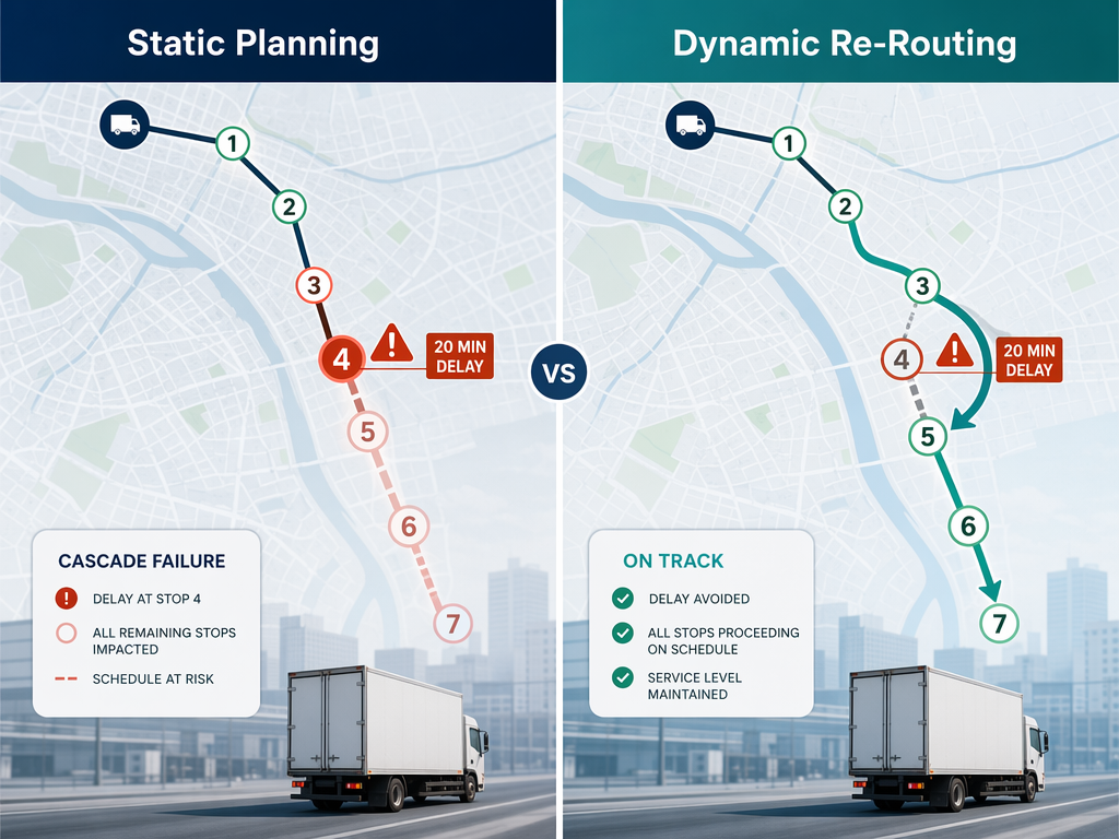 Split-screen comparison: left side labeled 'Static Planning' shows a route where a 20-minute delay at stop four turns remaining stops red; right side labeled 'Dynamic Re-Routing' shows the same route with a re-routing arrow and all stops green.