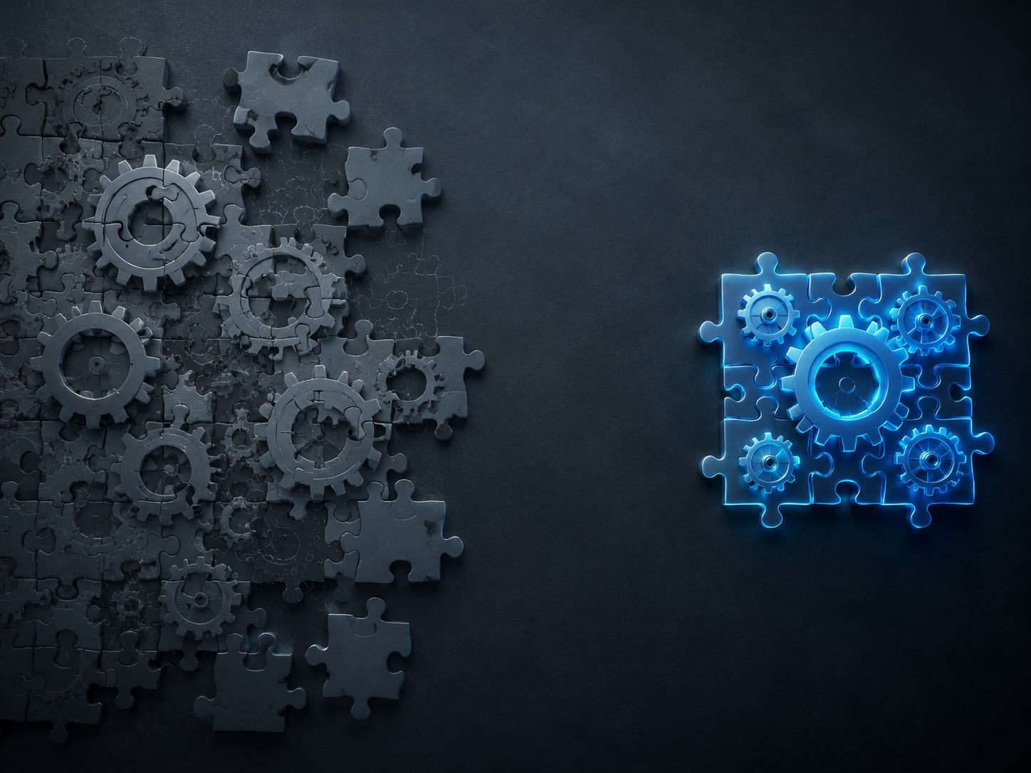 Disconnected planning and piloting elements separated from a smaller cluster representing scaled AI deployment