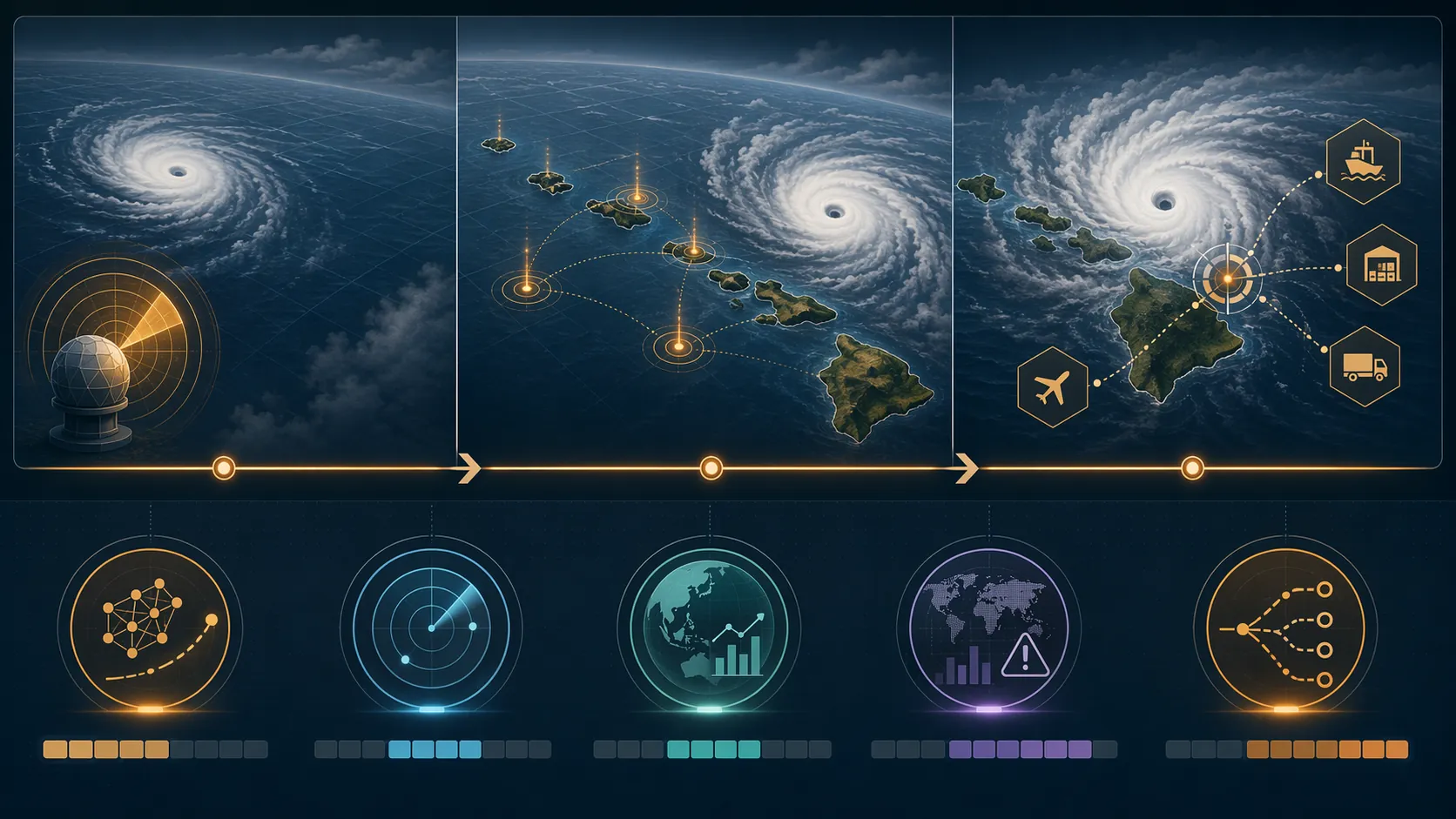 Illustration of a three-phase hurricane disruption timeline with five supply-chain AI capability icons