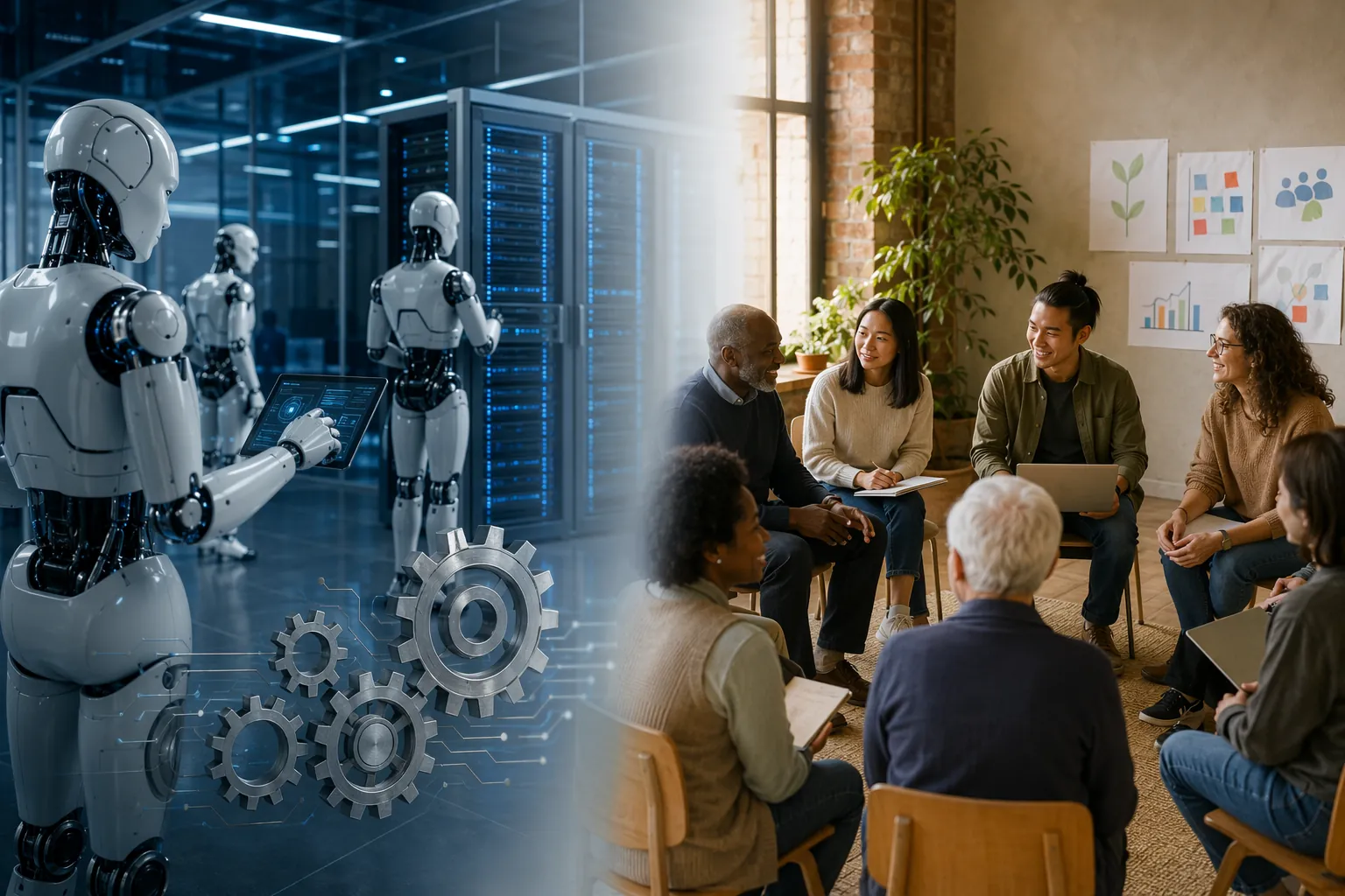 Corporate technology-first AI rollout contrasted with a community-centered adoption setting