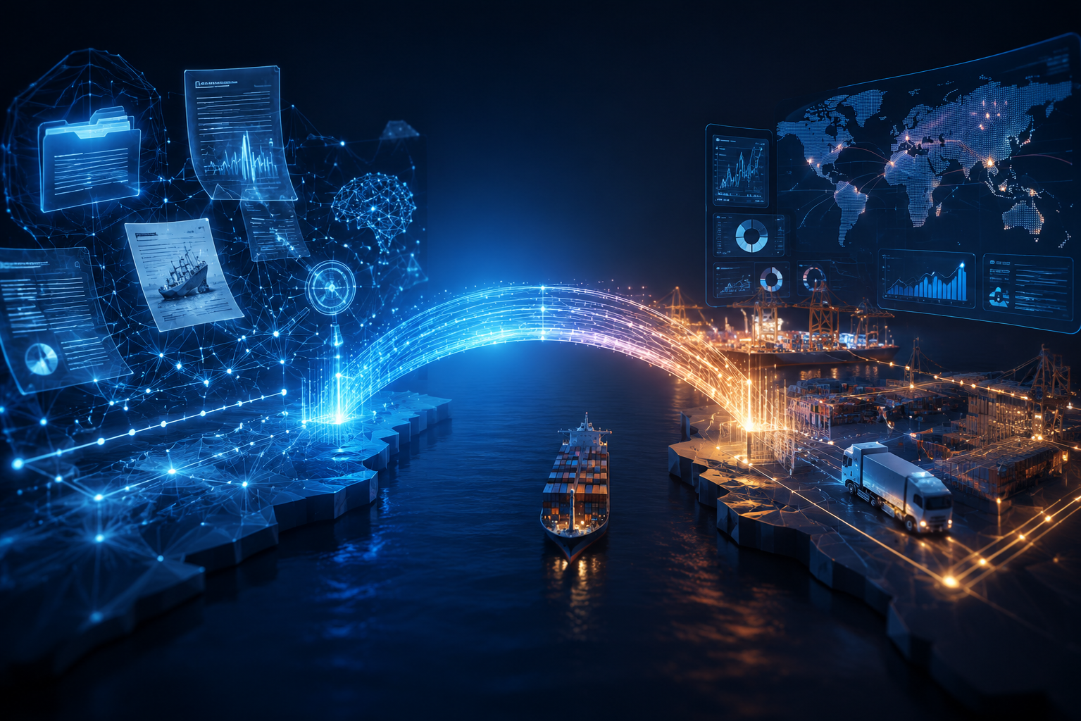 A digital bridge connecting maritime investigation data on one side to a supply chain control tower dashboard on the other