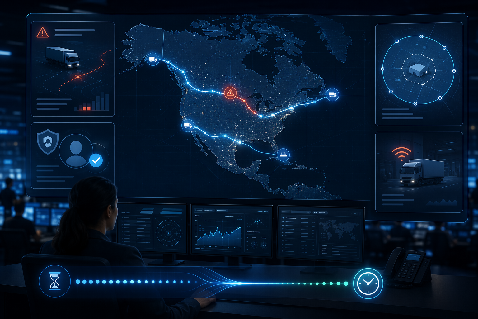 Digital map of North America with cargo route deviation alerts, geofenced zones, identity checks, idle indicators, and a timeline showing detection compressing from hours to minutes.