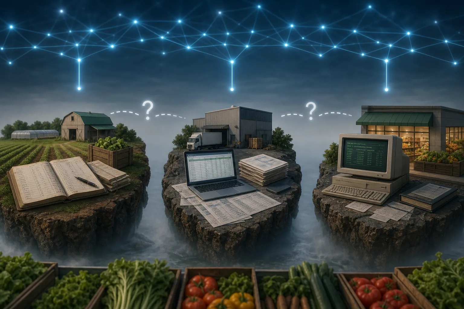 Disconnected farm distributor and retailer data silos with paper records spreadsheets and legacy screens