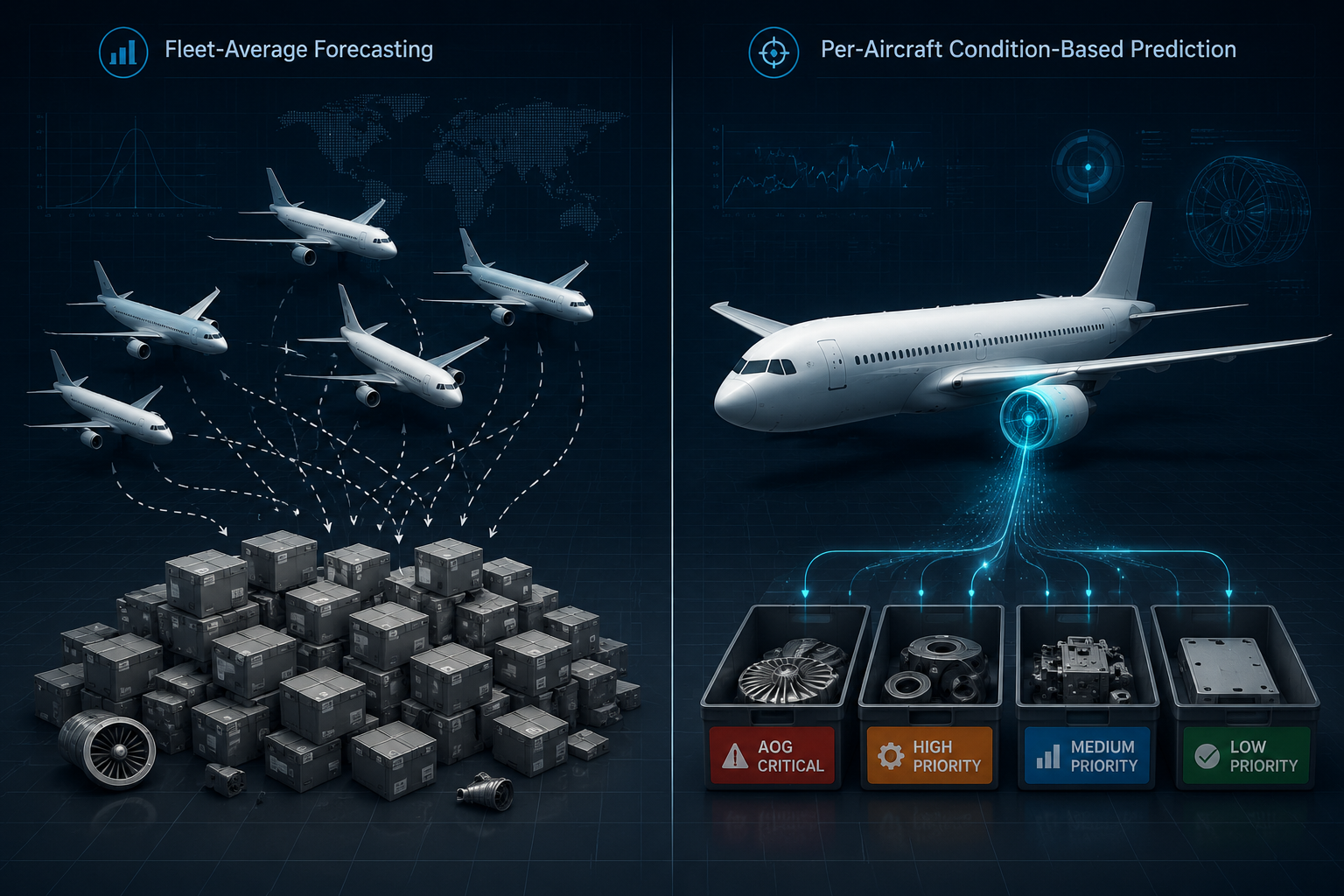 Split illustration comparing fleet-average forecasting with per-aircraft condition-based prediction