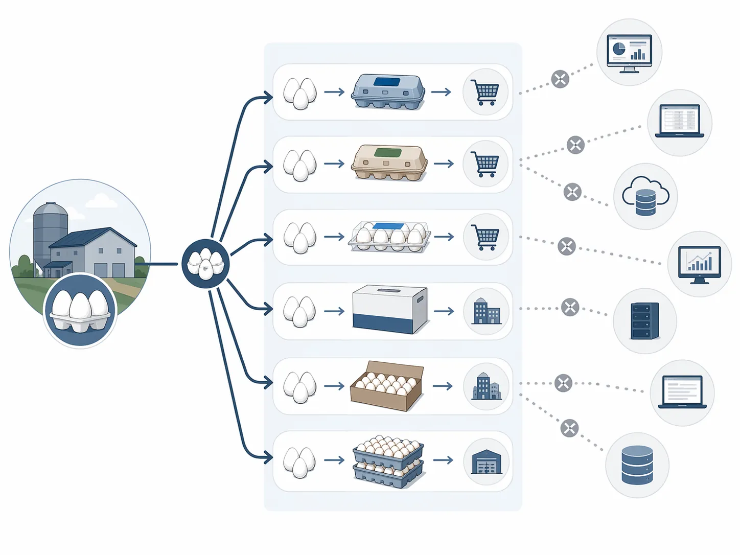Single production source splitting into repackaging paths, retail and foodservice channels, and disconnected partner systems