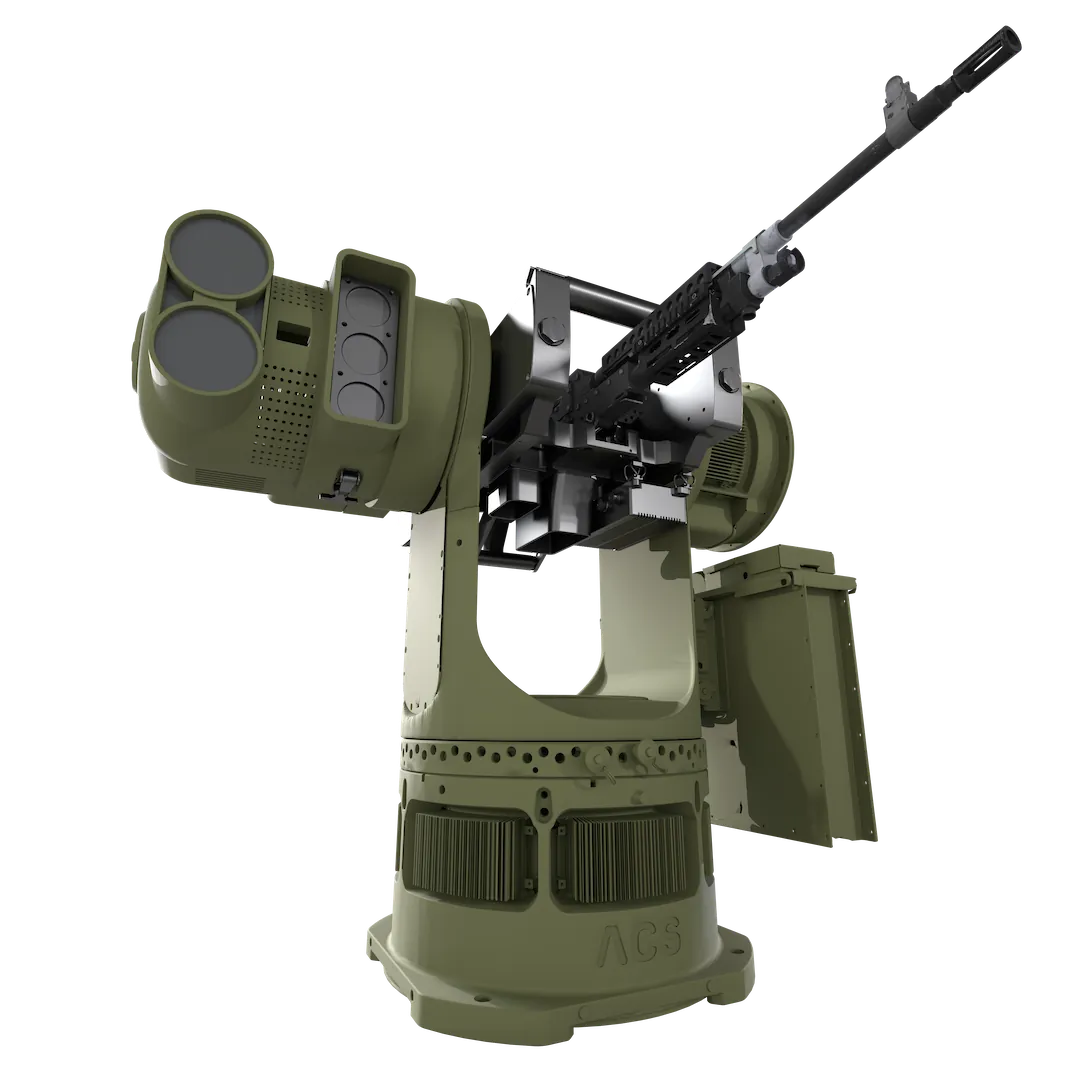 Bullfrog M240 autonomous anti-drone turret with machine gun, optical and thermal sensor package, and ammunition feed