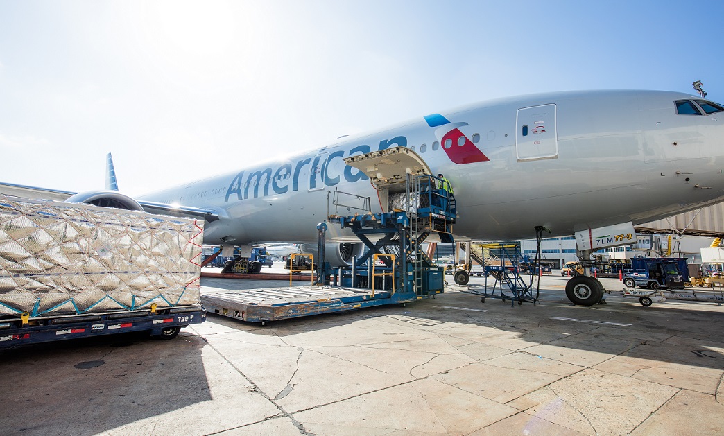 American Airlines cargo ground operations with containers and ground handling equipment beside a wide-body aircraft
