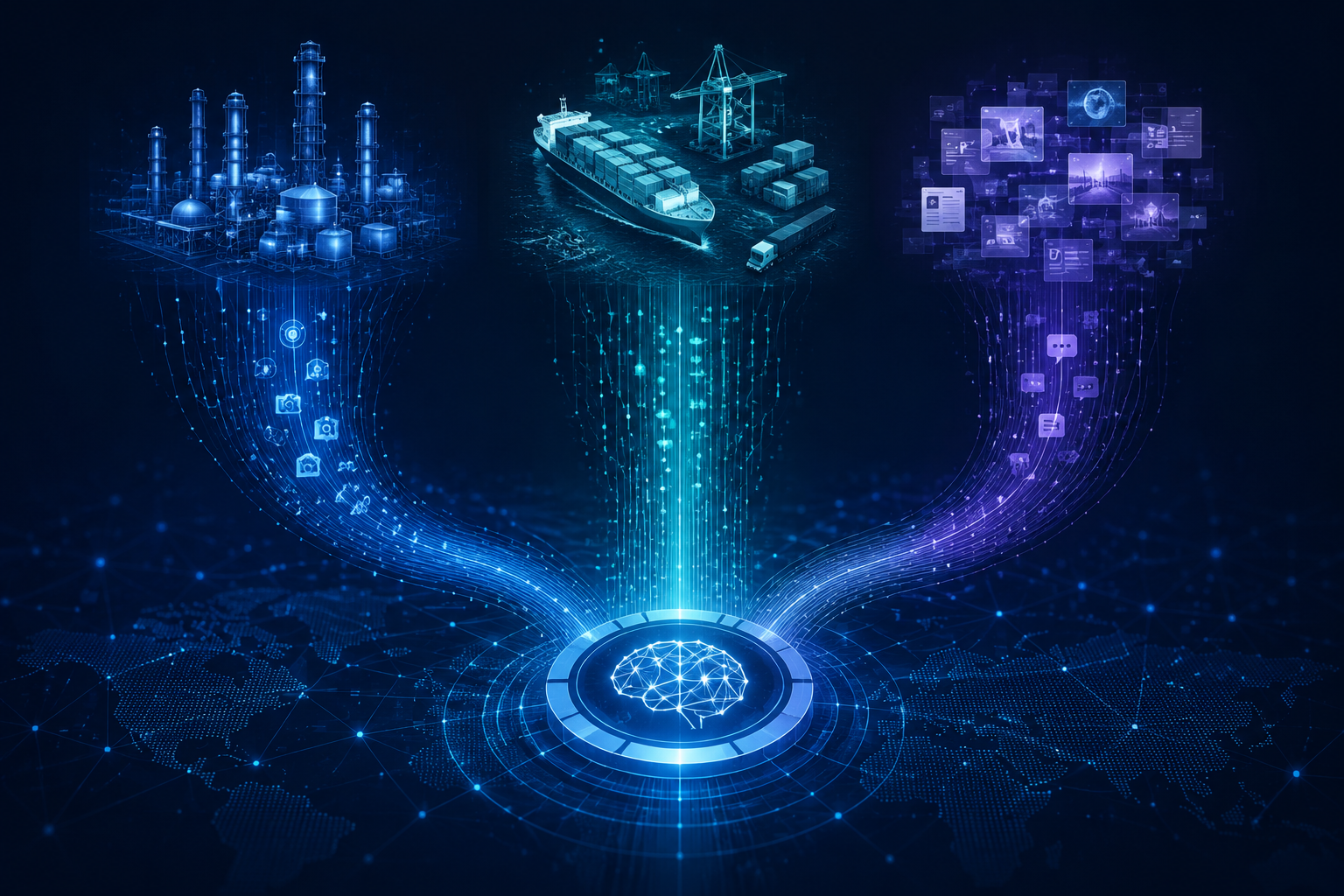 Abstract visualization of infrastructure status, freight flow, and NLP news monitoring converging into an AI detection hub