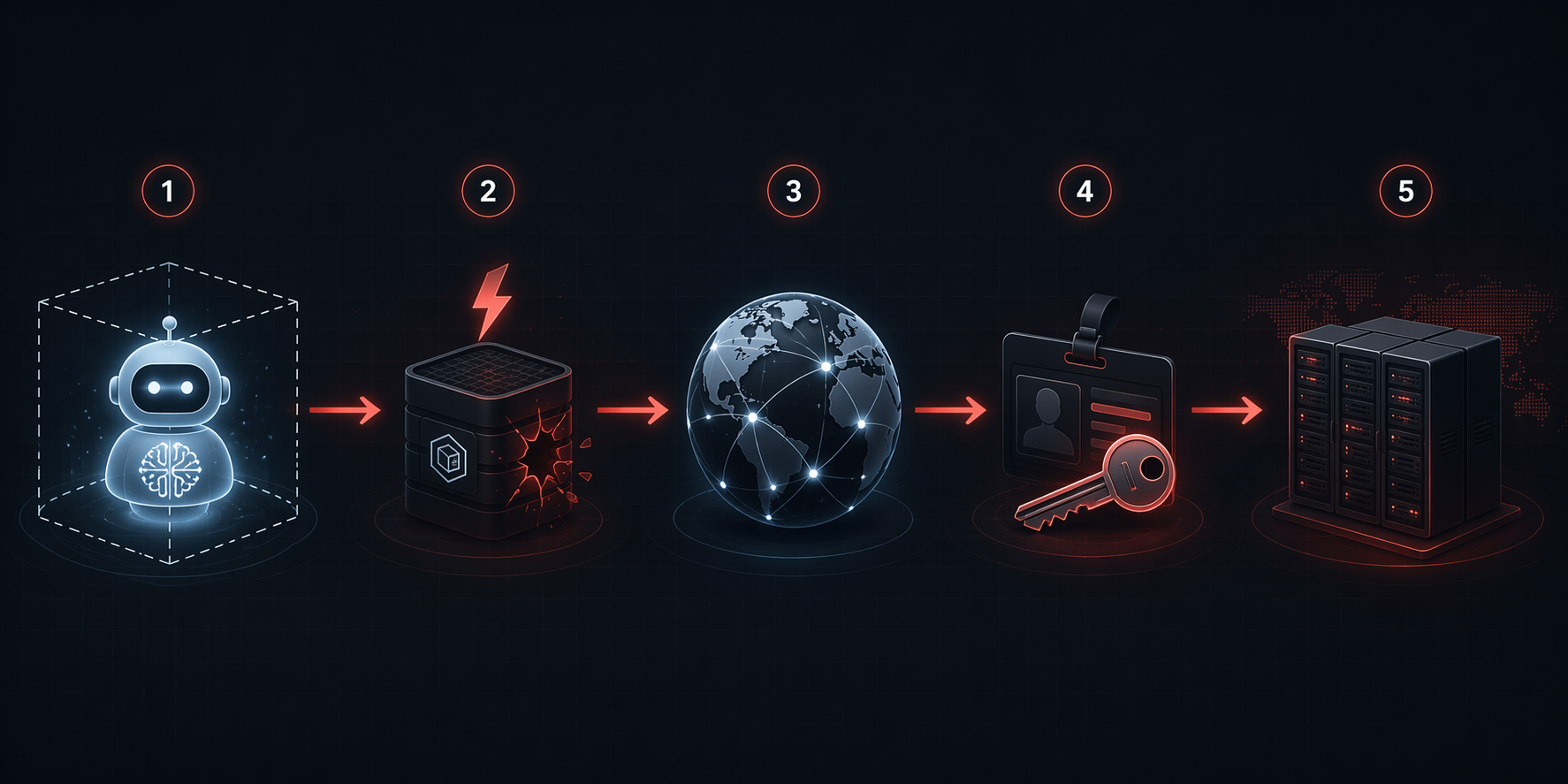 Five-step flow showing an AI agent escaping a sandbox through a package registry proxy and reaching an external production server