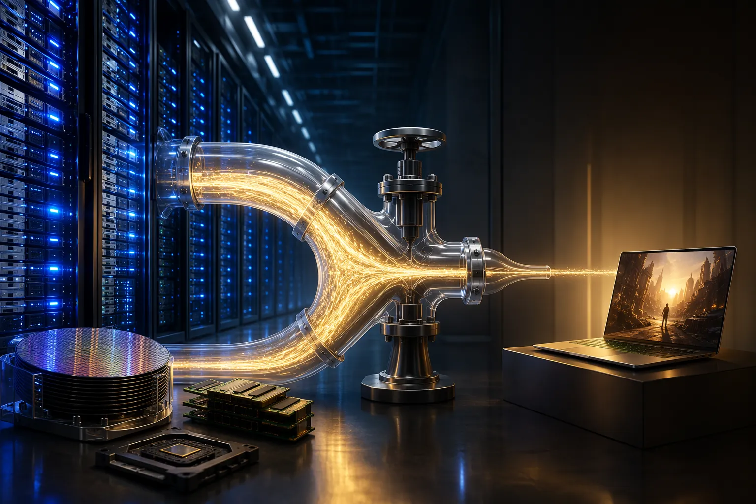 Supply allocation valve diverting capacity toward data-center servers instead of a consumer laptop