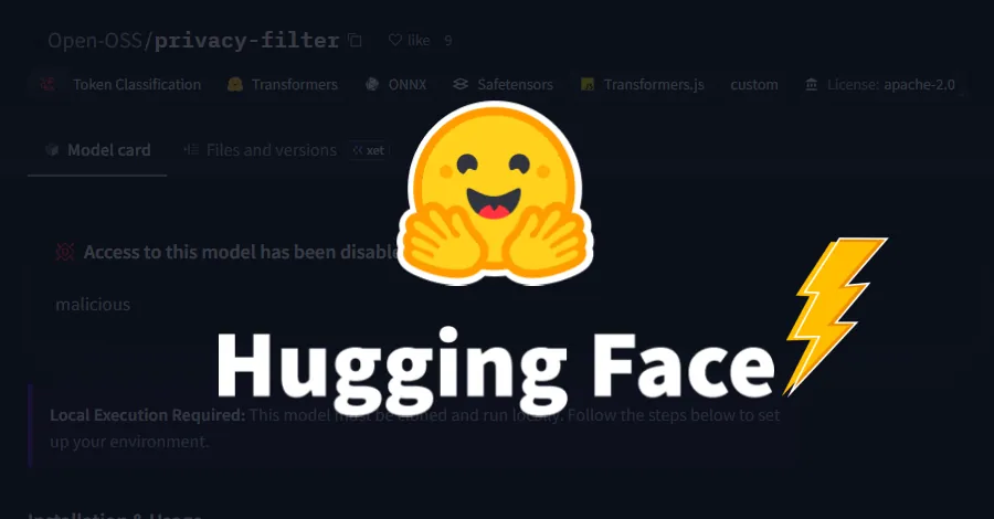 Fake OpenAI privacy-filter repository shown on a Hugging Face model page with a trending badge