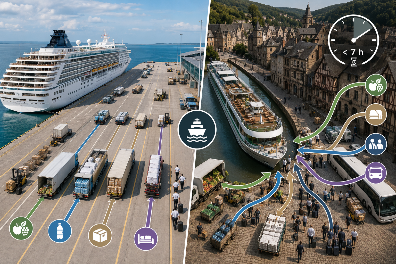 Comparison of an ocean cruise terminal and a compact river cruise quay with converging supply lines and an under-seven-hour clock