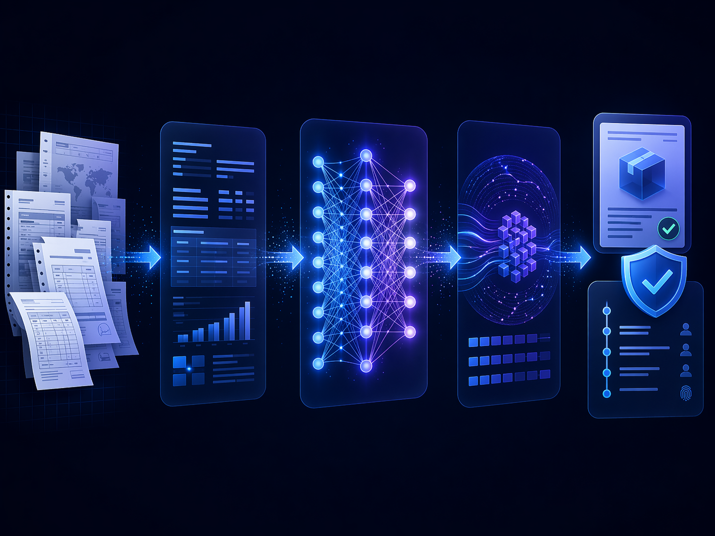 AI workflow showing trade documents transformed through a neural network into a verified classification output with a shield icon.