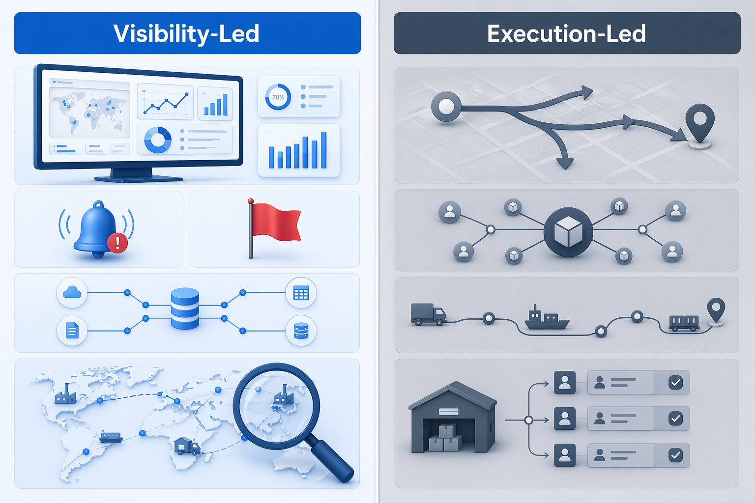 Comparison of visibility-led control tower functions and execution-led orchestration functions