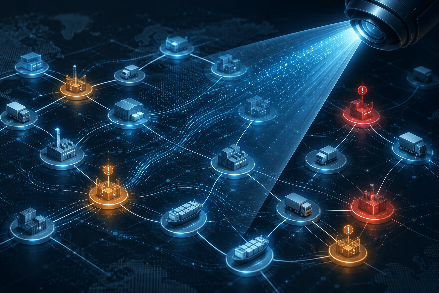 AI monitoring beam scanning a connected supply chain network with highlighted fraud anomalies