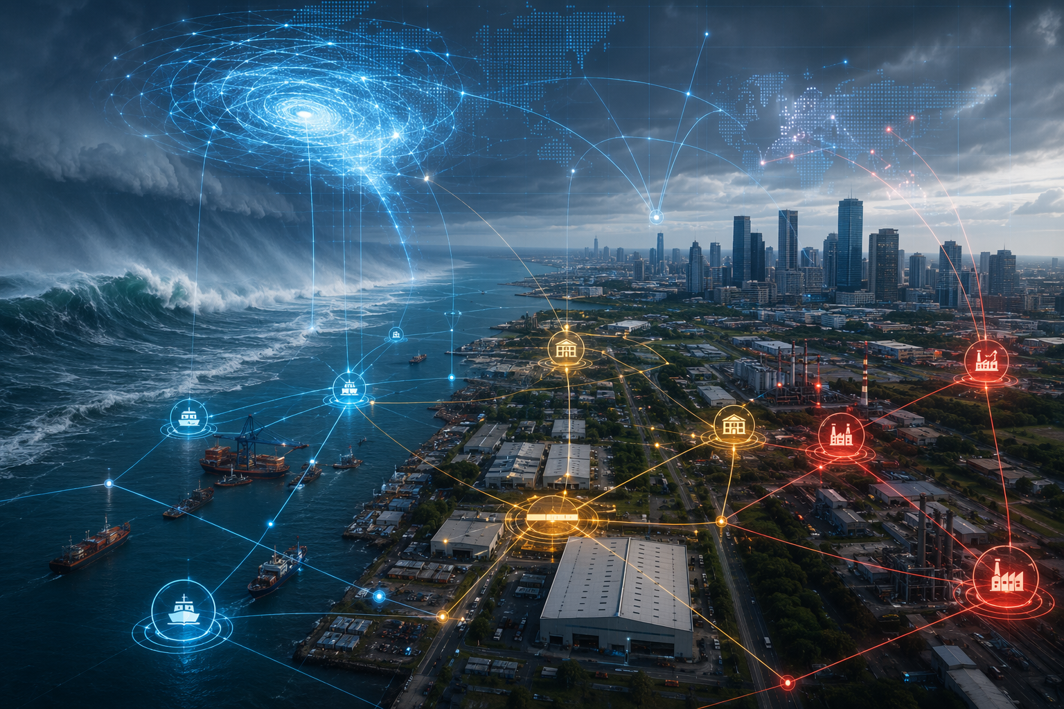 Coastal city and supply chain network overlaid with storm surge flood risk indicators