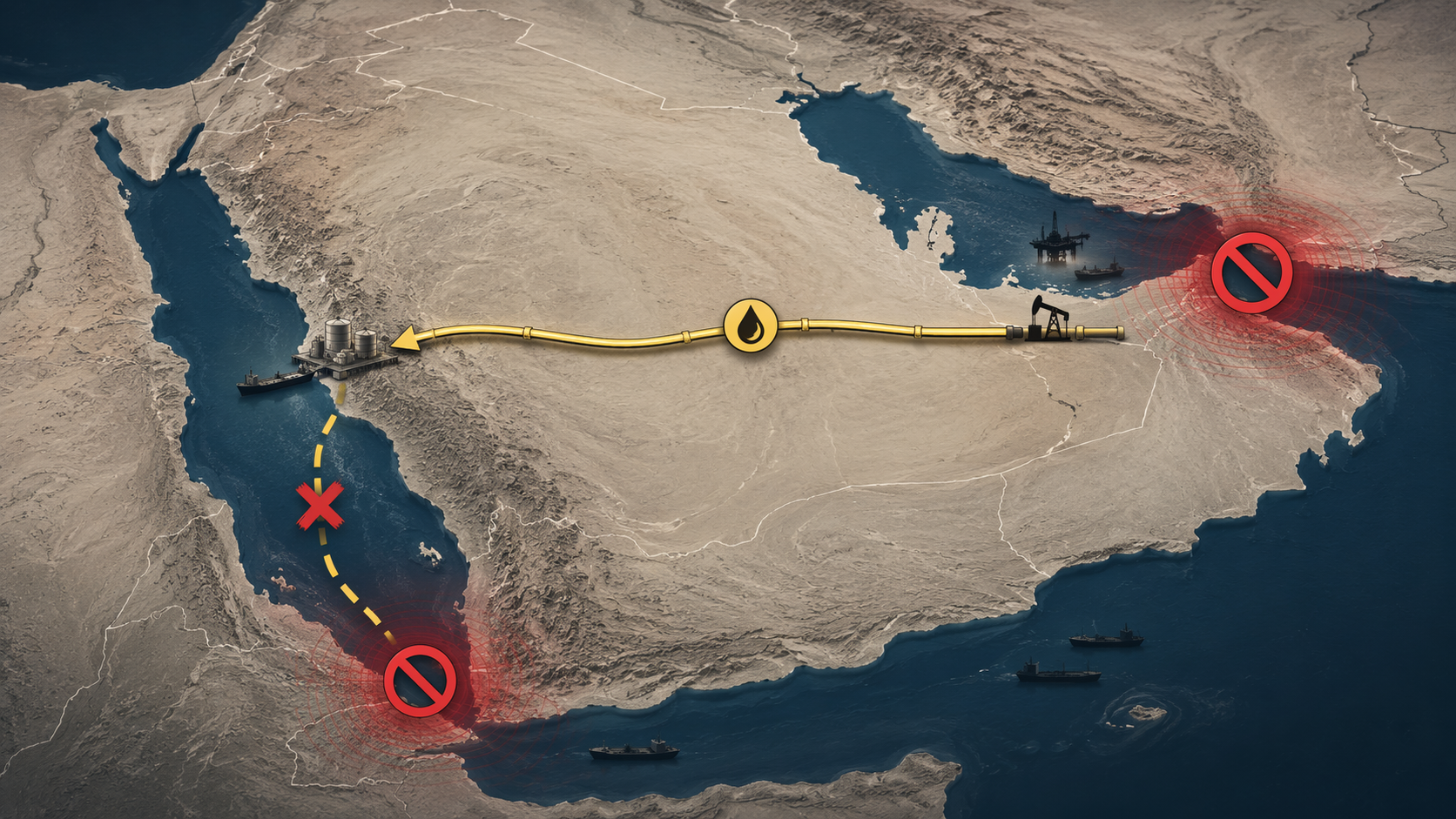 Stylized Arabian Peninsula map showing Hormuz blocked, Petroline crude flow to Yanbu, and Bab al-Mandab blocked