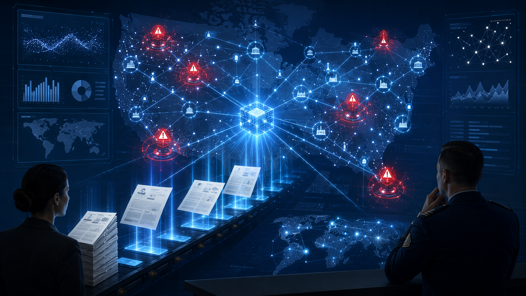 Supply chain vendor risk analysis dashboard with data nodes and red risk flags