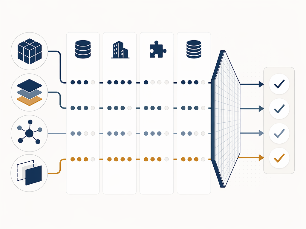 Decision framework evaluating architecture against data maturity, vertical fit, integration complexity, and total cost