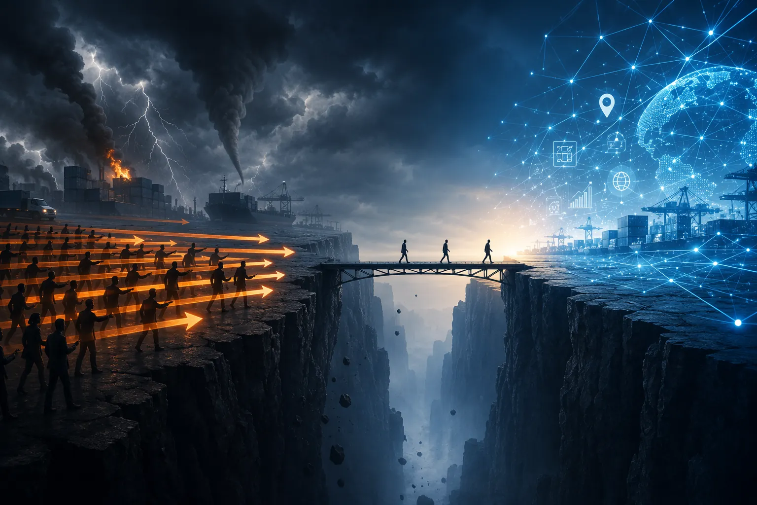 Abstract chasm between broad AI adoption intent and narrower operational readiness under storm clouds