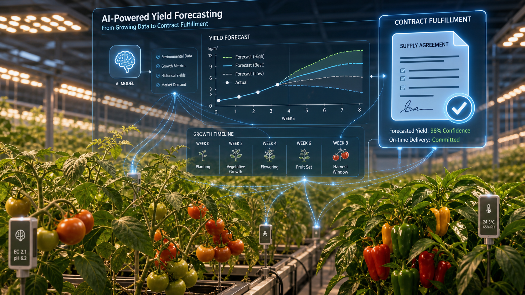 Greenhouse crops connected to a 6-to-8-week forecast timeline and supply contract