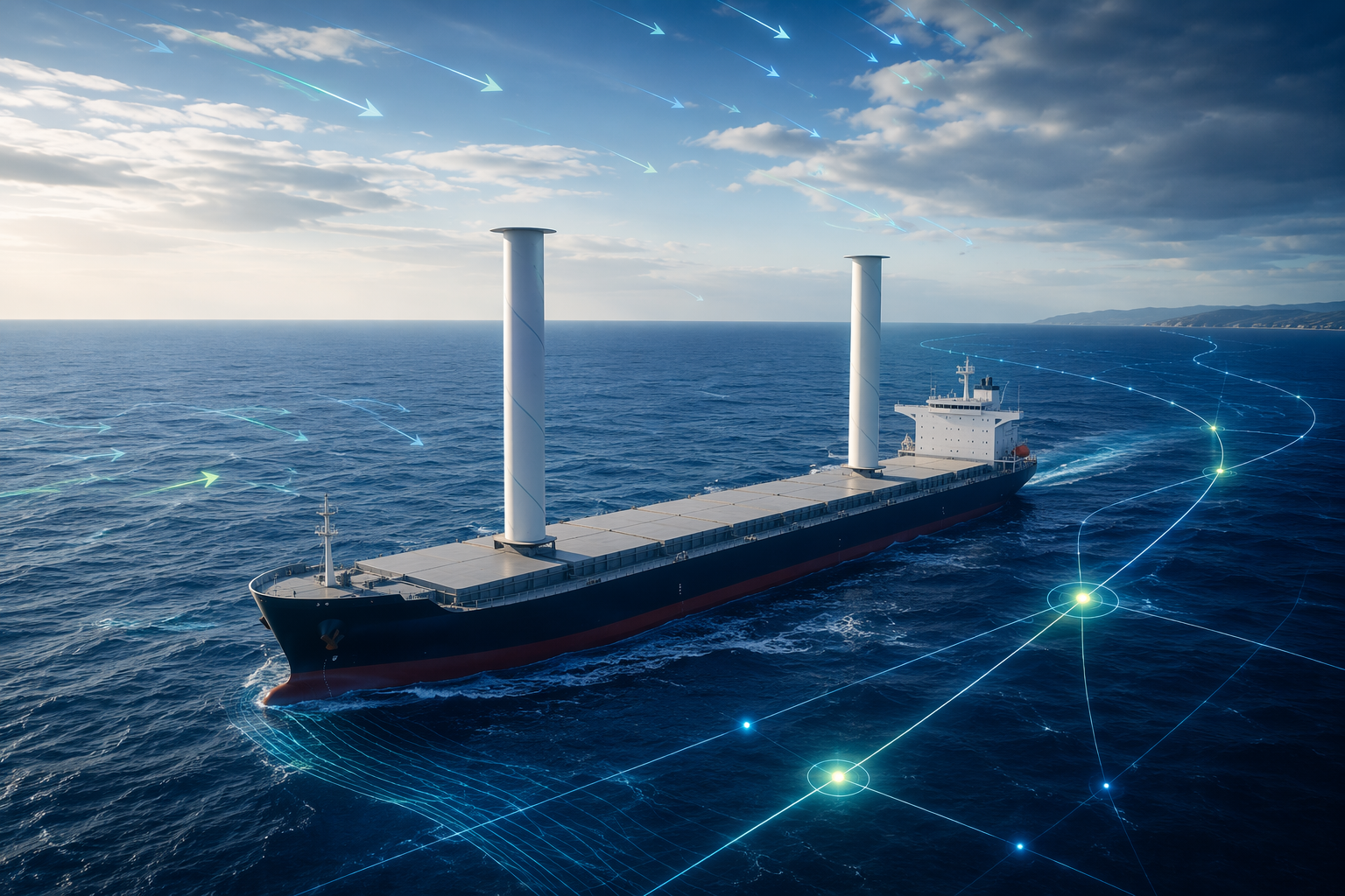 Cargo ship with rotor sails following AI-generated route lines and wind direction overlays