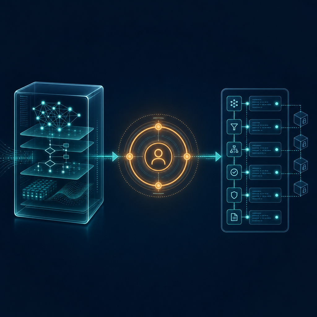 Abstract editorial diagram of a governance decision-flow for agentic AI: a left-to-right pathway showing a glass-box icon representing visible AI decision logic, a central human-in-the-loop checkpoint, and a right-side audit trail visualization.