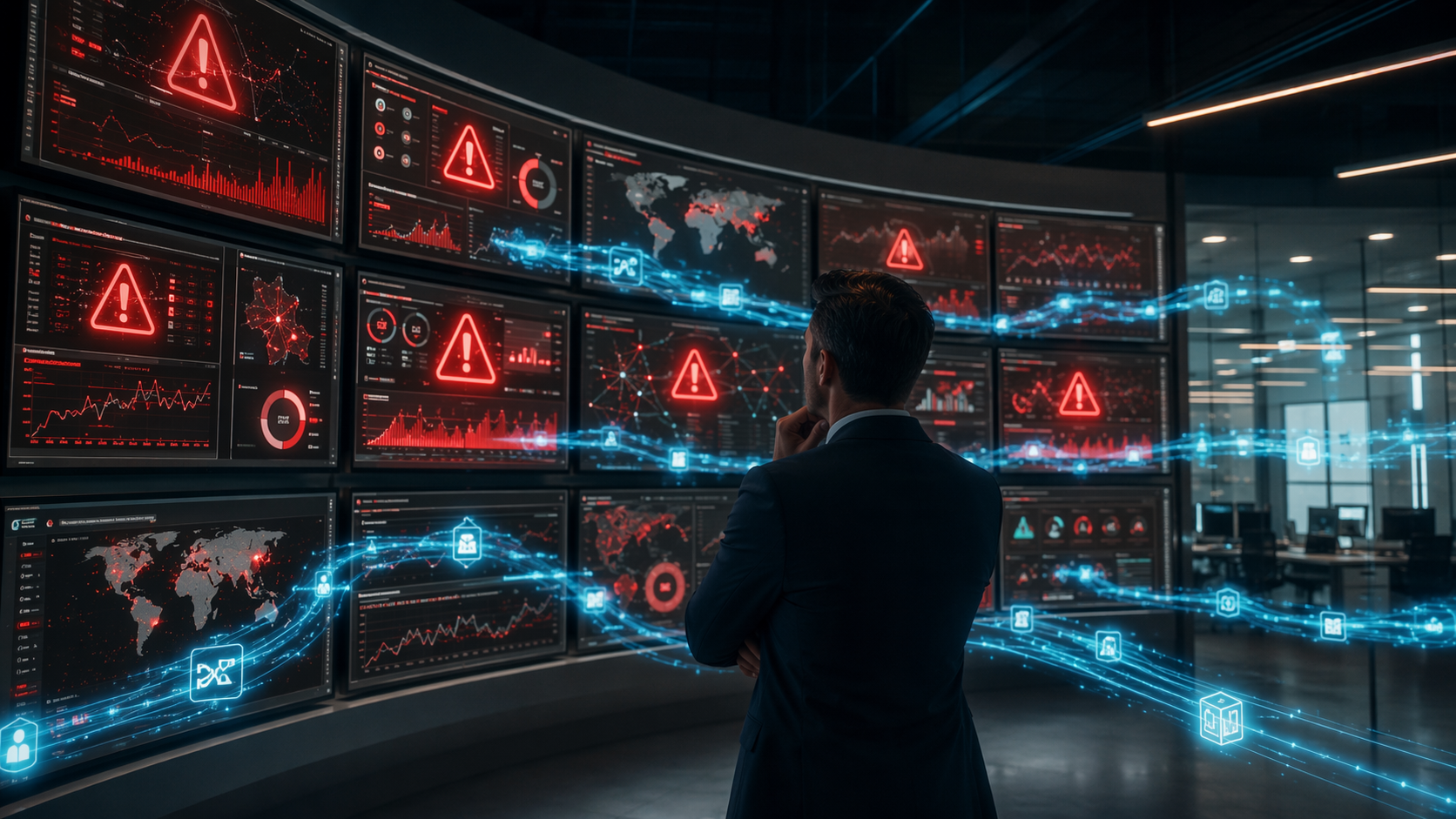 Operations center with red crisis alerts for energy disruption, shipping delays, supplier risks, and cost escalation