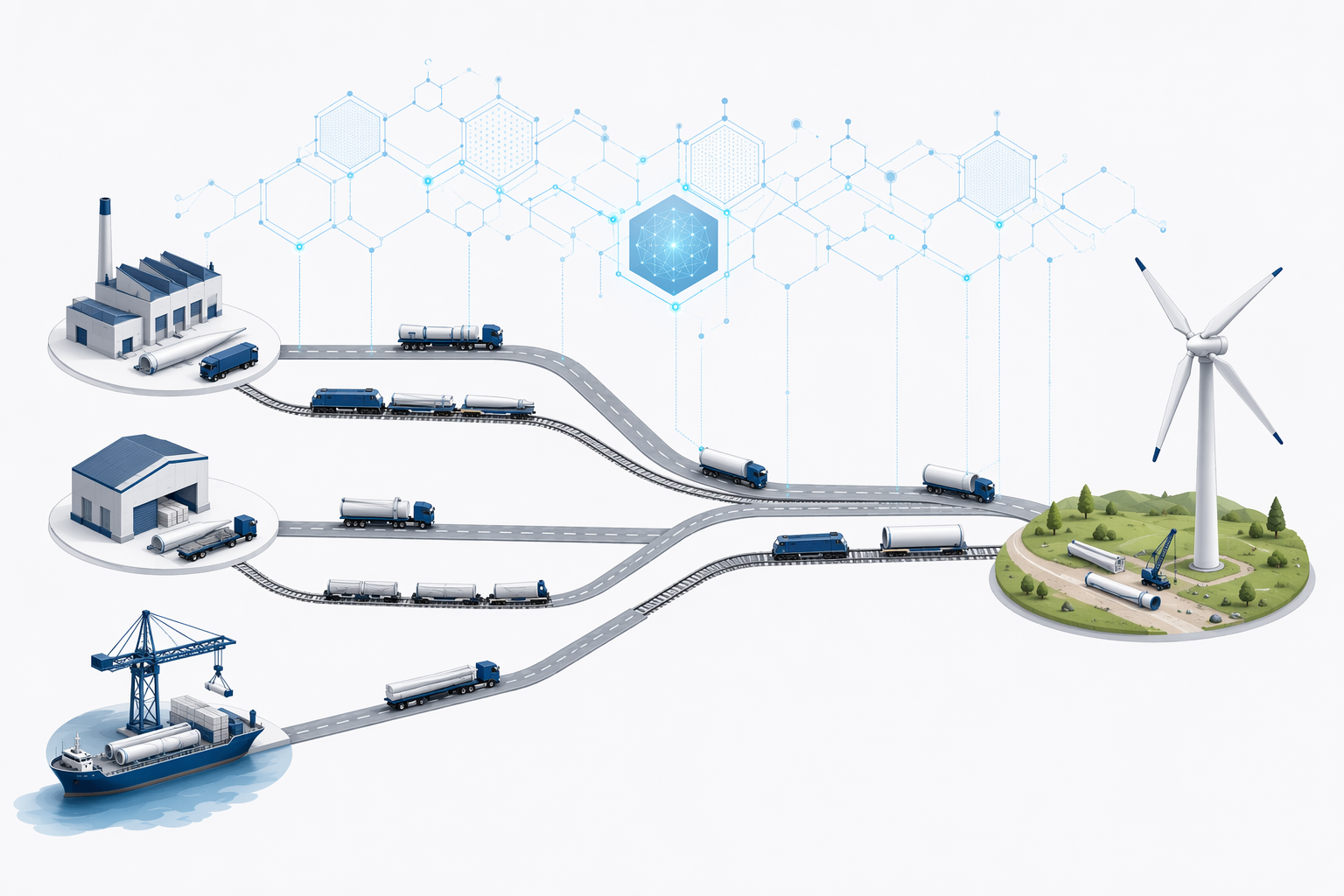 Illustrated wind turbine logistics pipeline connecting suppliers, routes, and installation site through a digital twin model