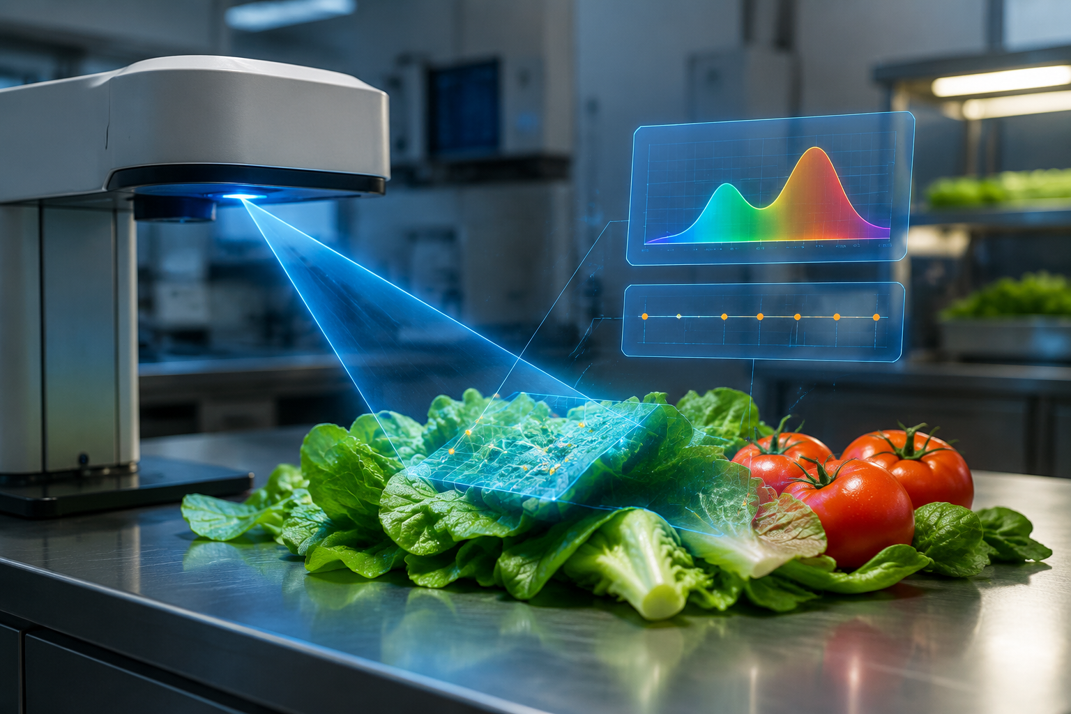 Fresh leafy greens and tomatoes under a blue spectral scanning beam with contamination markers and spectral graphs