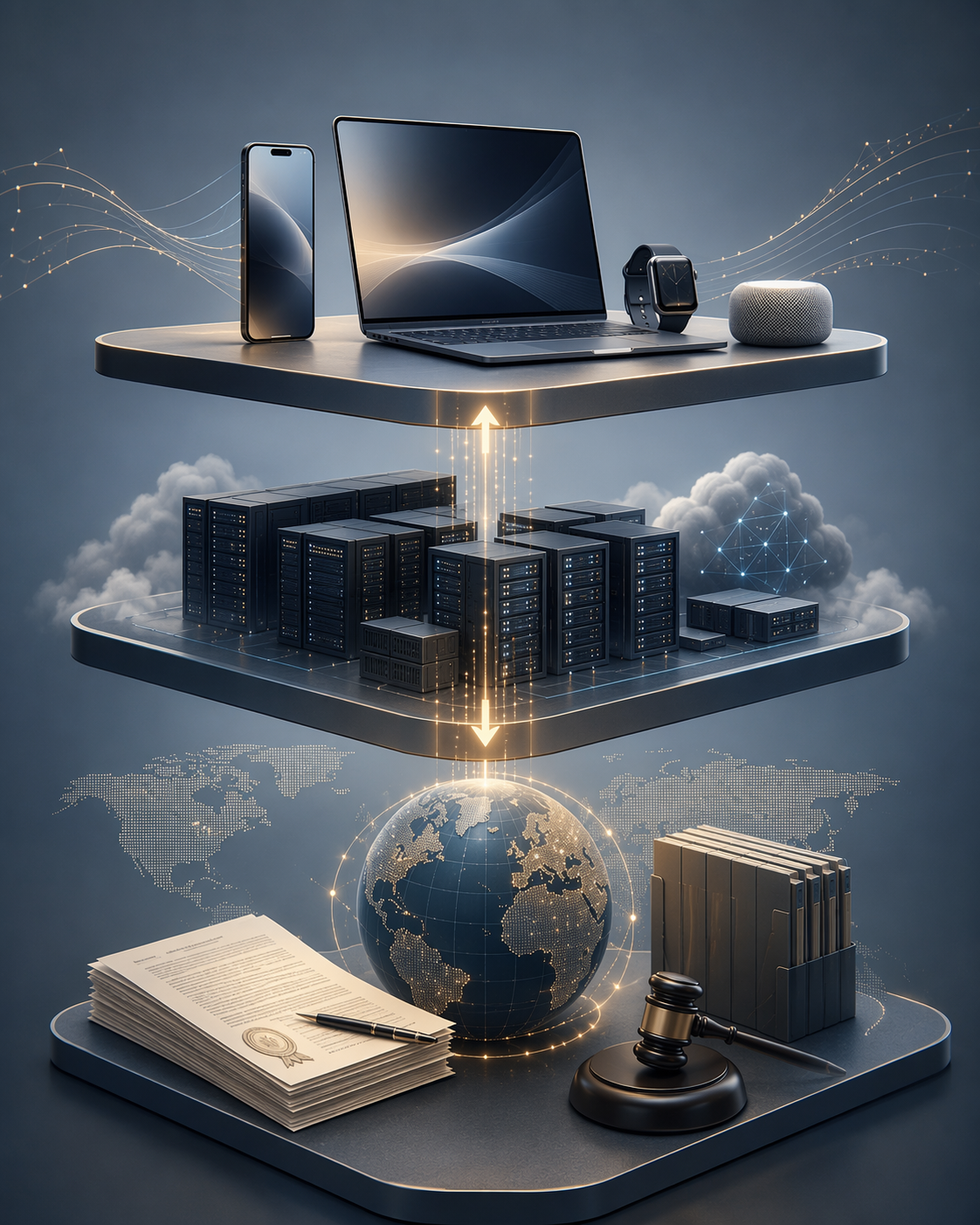 Three stacked layers showing a consumer device, cloud infrastructure, and regulatory documents connected by data flow arrows