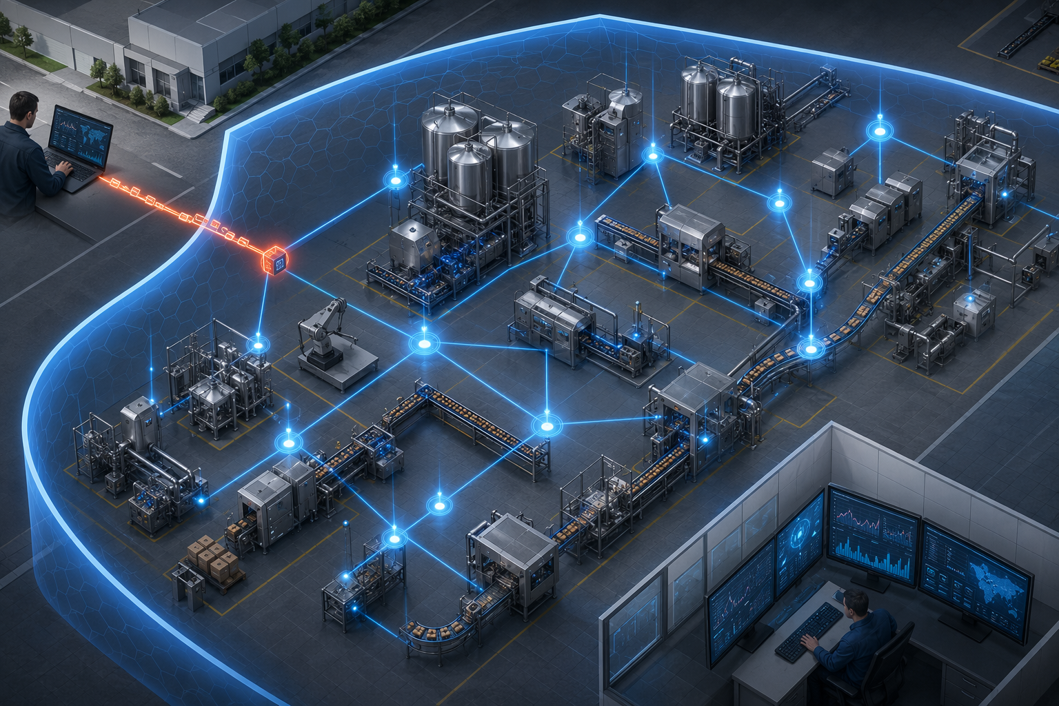 Food manufacturing OT network with supplier remote access traffic and anomaly detection nodes monitoring plant activity