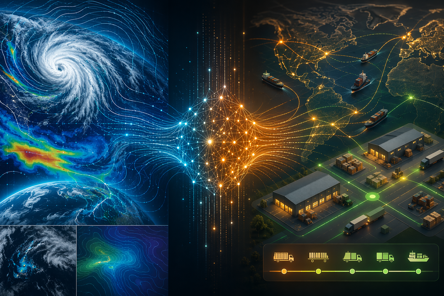 Storm and atmospheric data flowing through an AI processing node into a logistics map with routes, warehouses, and delivery timelines