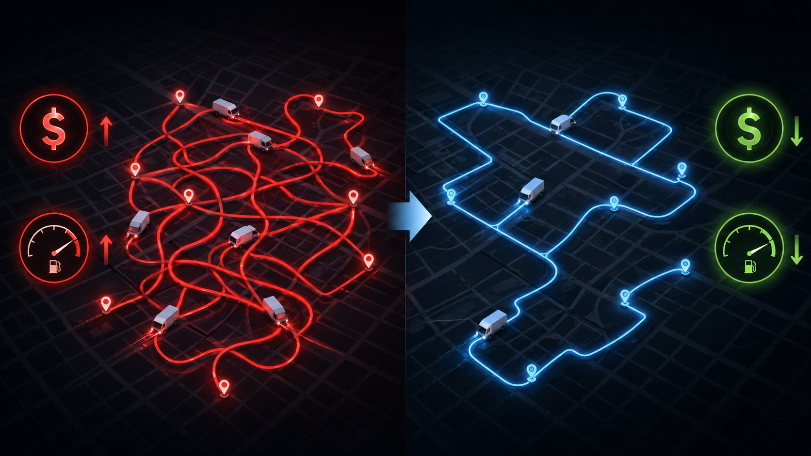 Chaotic delivery routes transitioning into streamlined optimized routes on a map grid