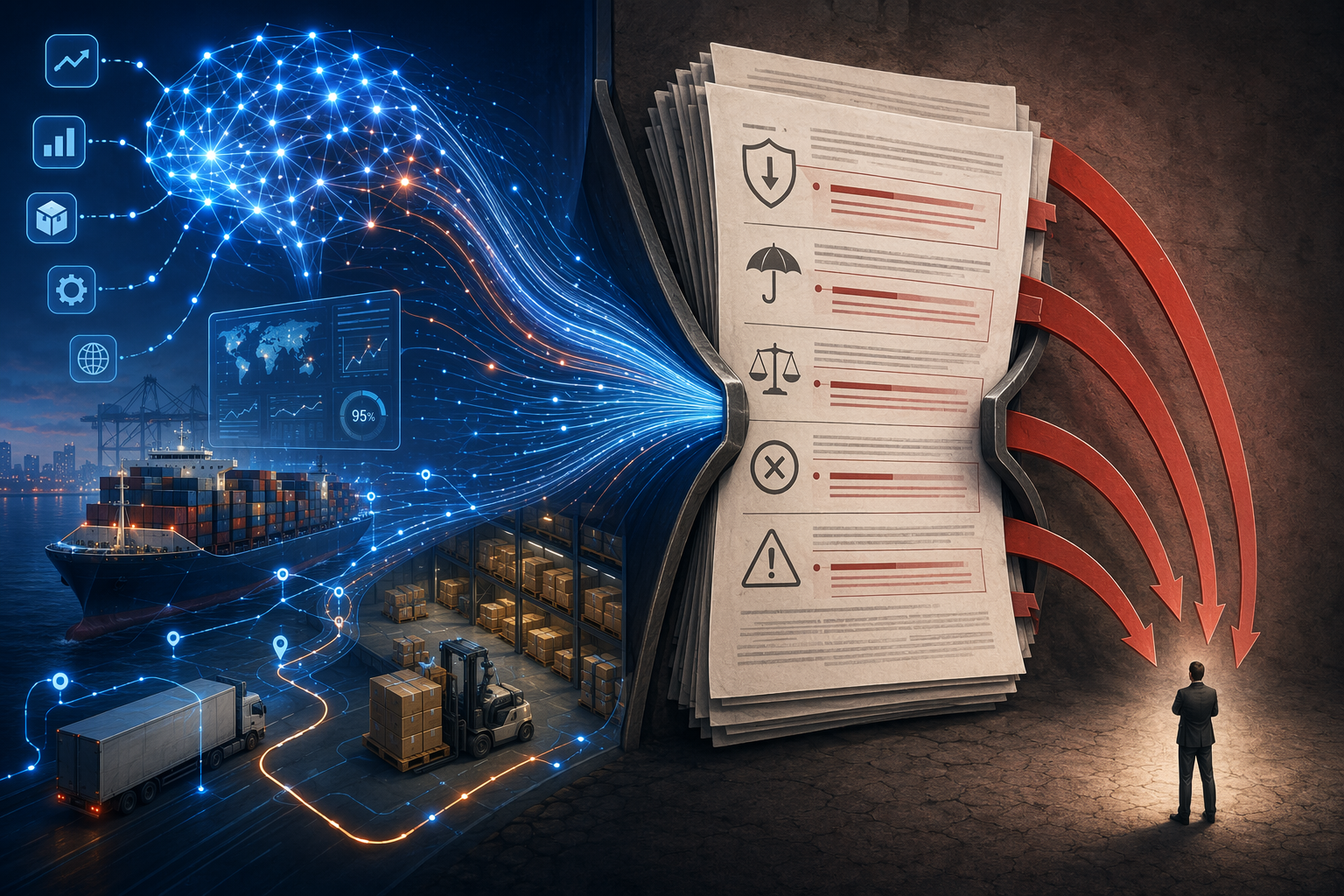 AI data streams flowing into supply chain operations while contract clauses redirect liability to the buyer