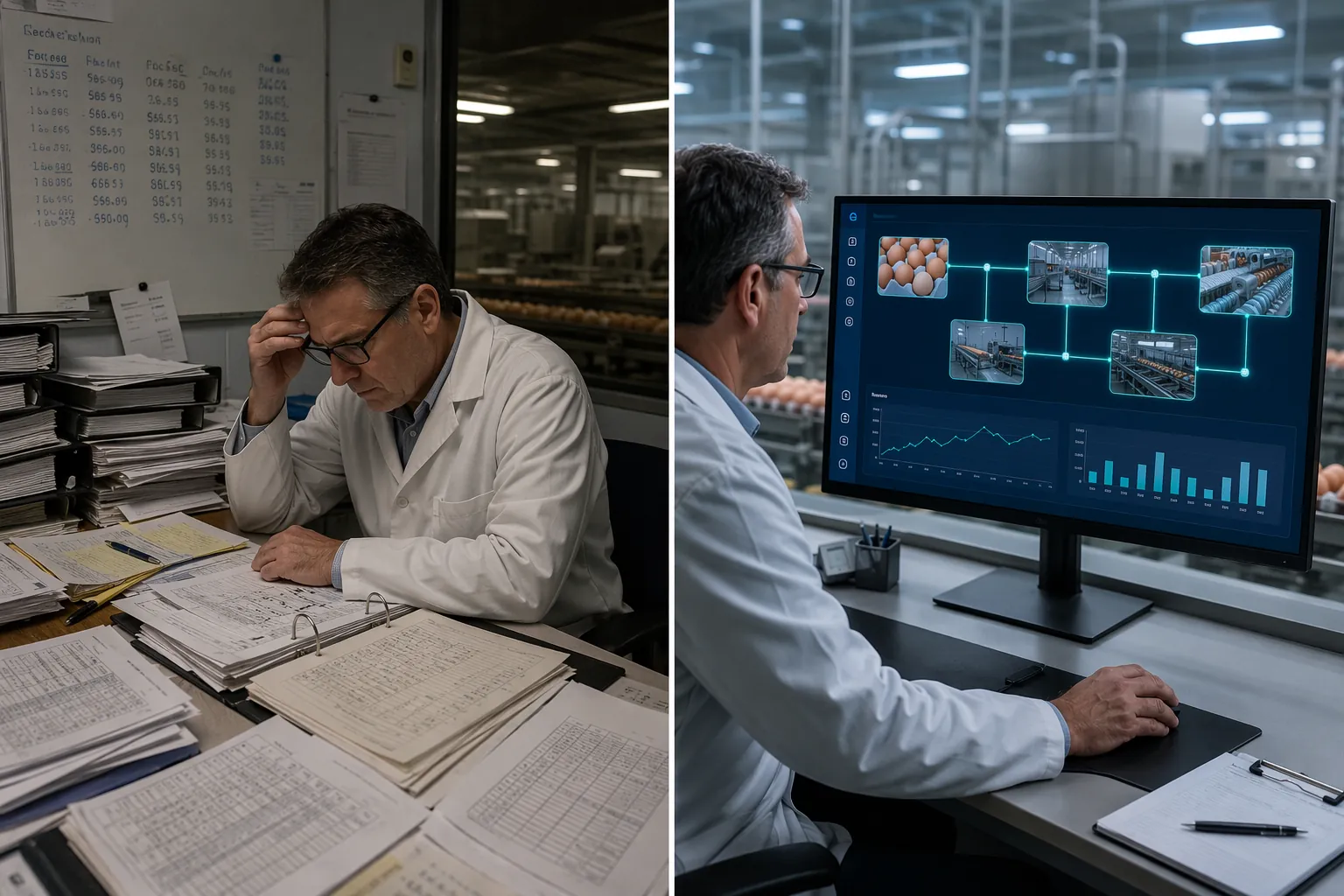 Quality manager comparing paper-based recall records with a digital batch genealogy dashboard in an egg production facility