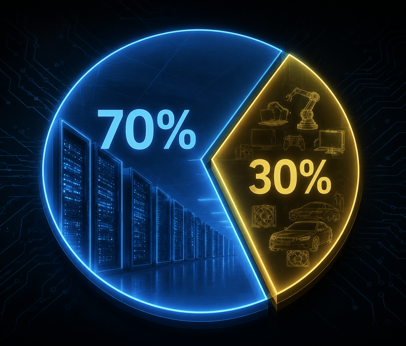 Datavis illustration showing 70 percent of memory chip allocation to AI data centers and 30 percent to other electronics